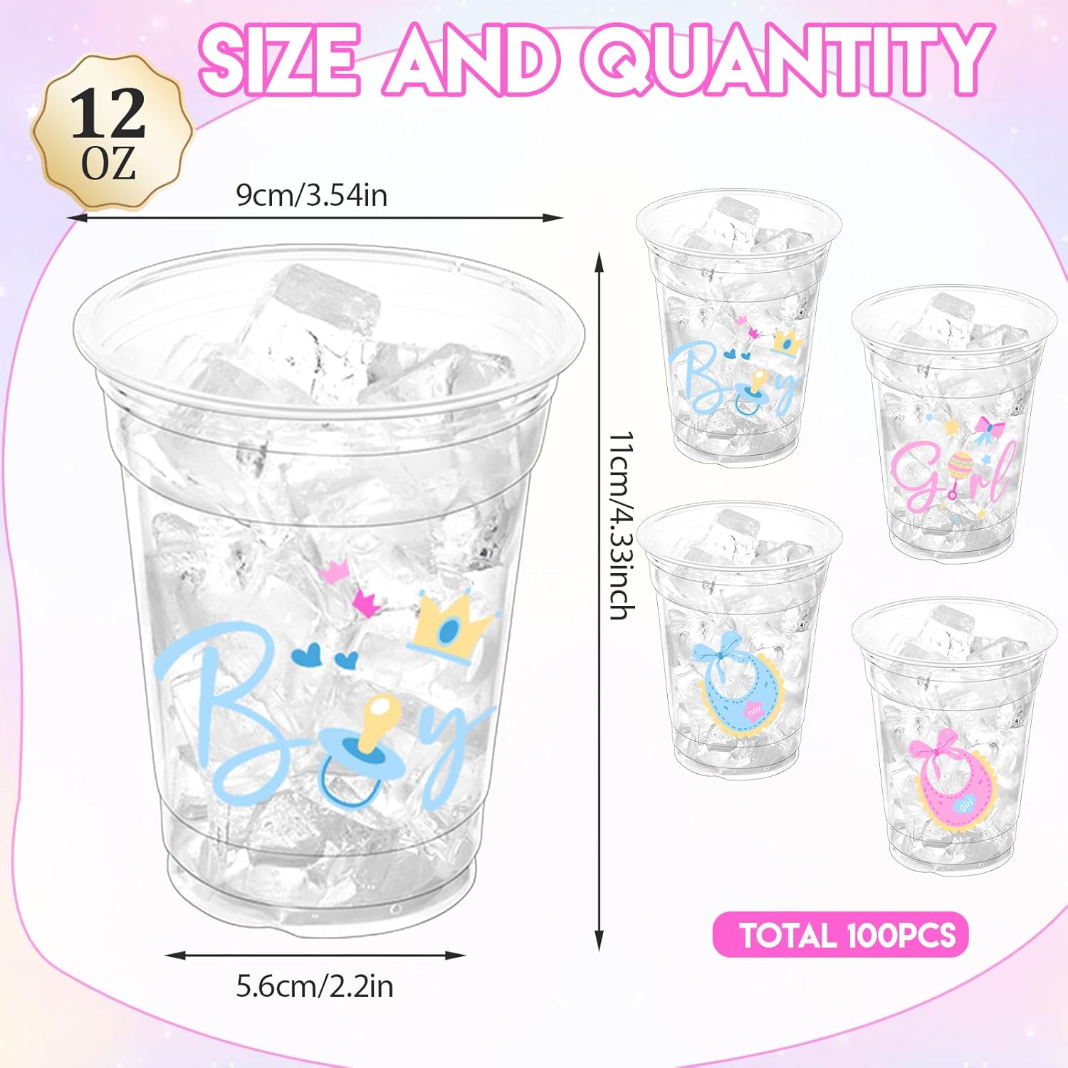 100 Pcs Gender Reveal Party Plastic Cups, 12oz Thick Clear Cup Pink and Blue Gender Reveal Party Cups Supplies for Baby Shower Party Decorations