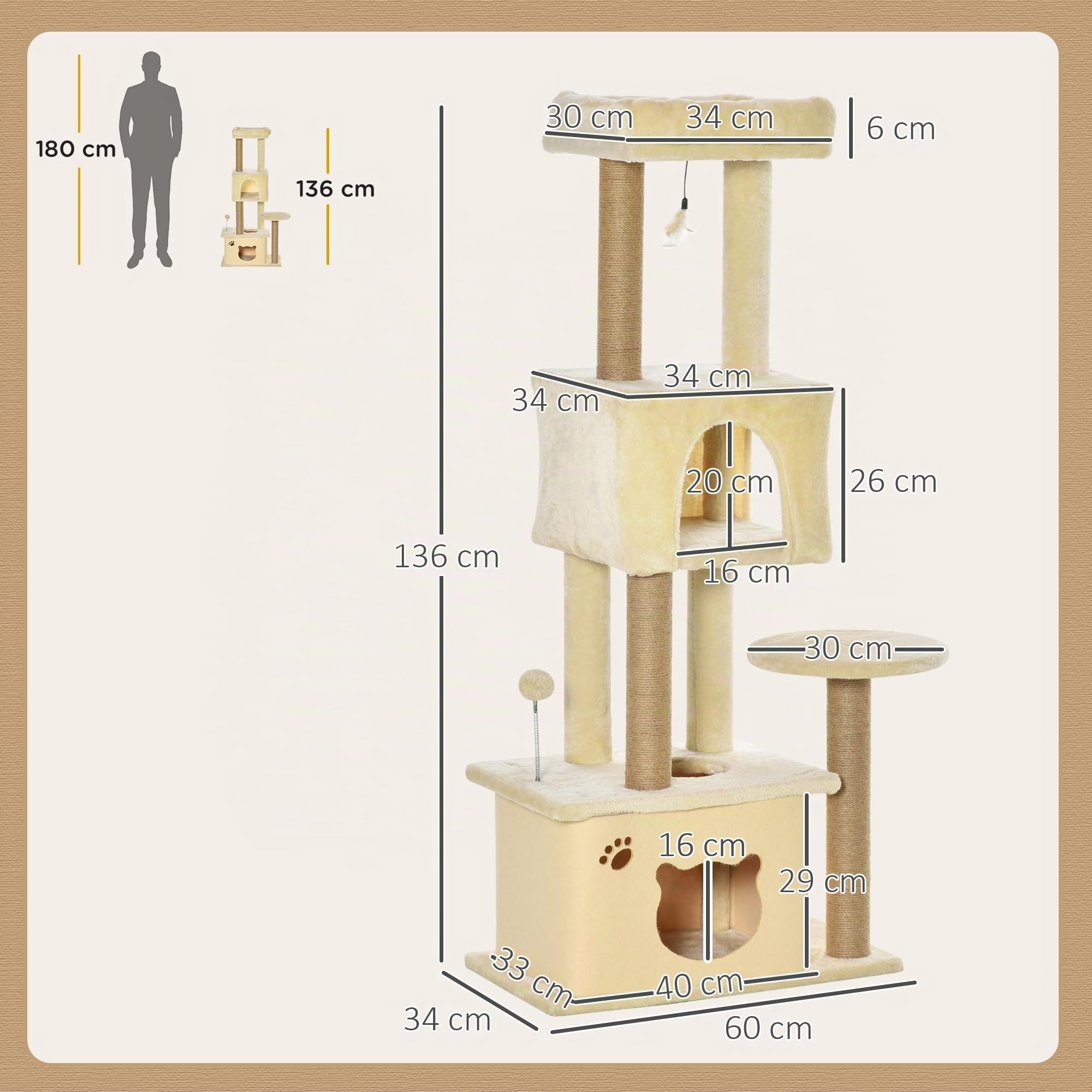 PawHut Árbol Rascador para Gatos Grande 60x34x136 cm con Cuevas Beige | Árbol para Gatos, Plataformas, Felpa Desmontable, Postes de Yute, Bola Colgante