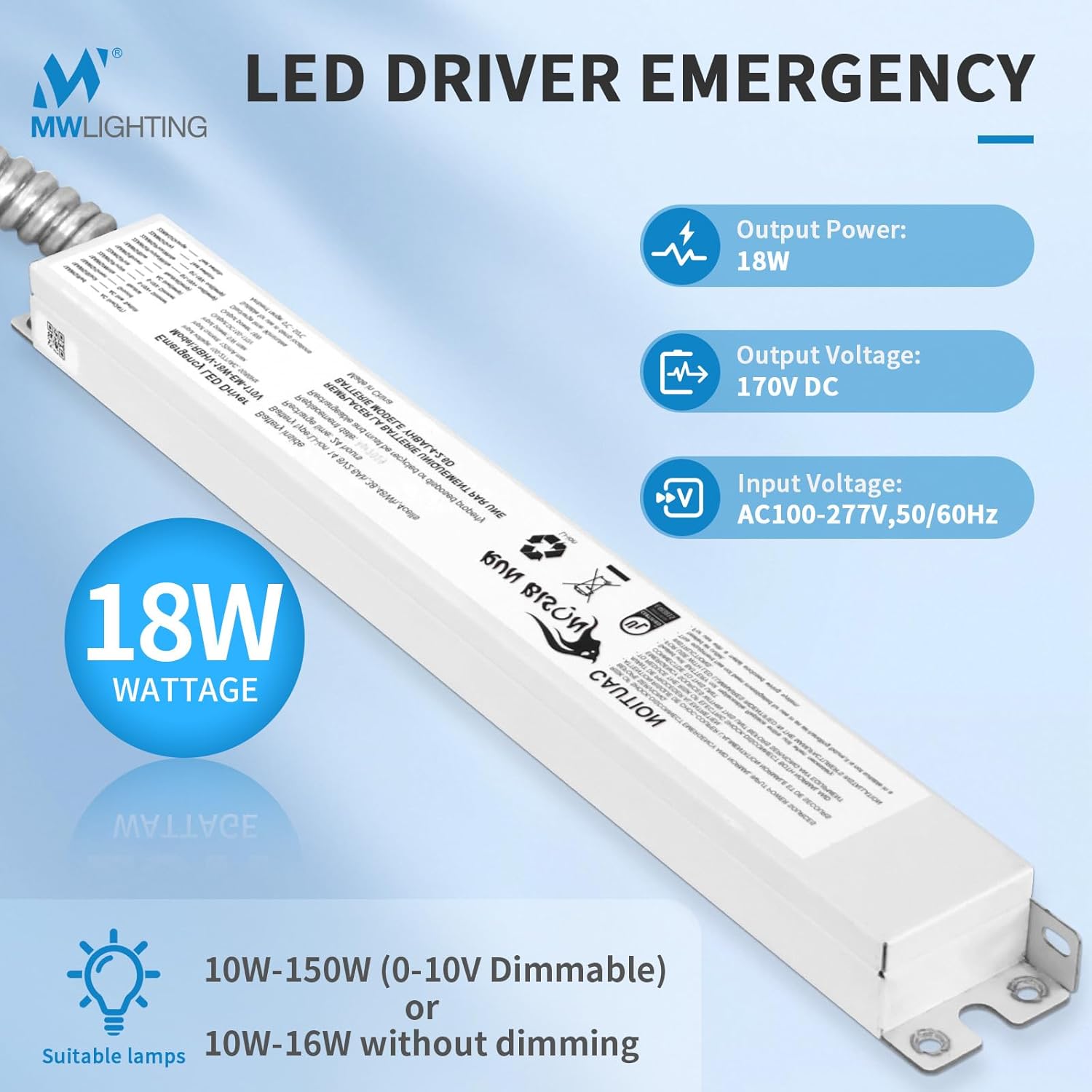 8 Pack LED Emergency Driver 18W, 170 VAC, Rechargeable UL Approved Backup Battery, Emergency Driver for Dimmable 10-150W LED Light, 90 Min Backup Time, for Troffer, Panel