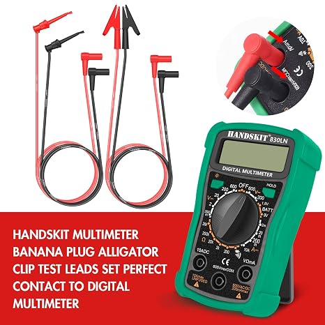 HANDSKIT Multimeter Test Leads and Probes, Dual Ended Alligator Clips, 4mm Banana Plug Test Hooks, Heavy Duty Wire Cable with Insulators
