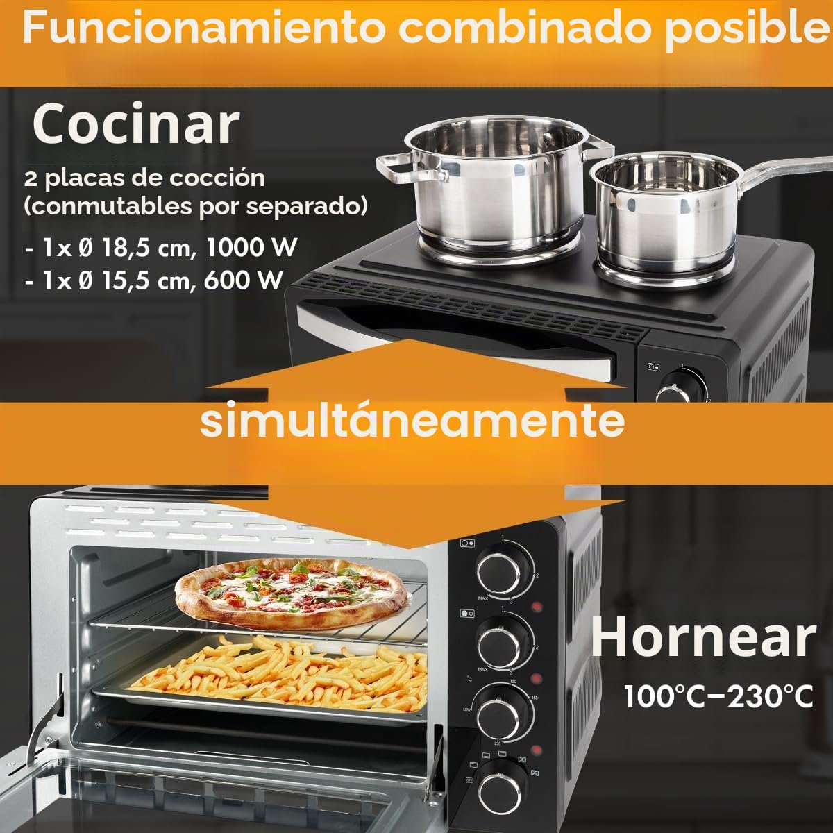 Clatronic® Minihorno con placas y asador giratorio - cocción y horneado simultáneos - 28L convección arriba/abajo calor 100°-230°C, minihorno eléctrico 3100 Watt incl. accesorios - KK 3786
