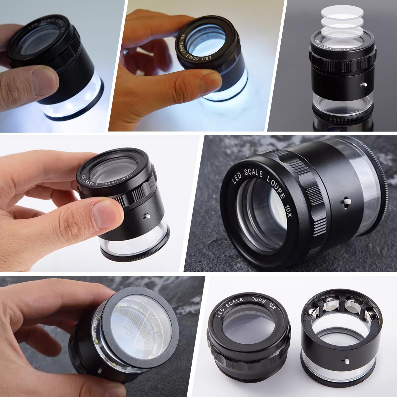 Lupa de joyero, Lupa Profesional de 10X con 8 Luces LED Ajustables y Escala integrada, Lente de Vidrio óptico, Base acrílica, alimentada por Pilas AG9 para inspección de joyería, Relojes y Textiles