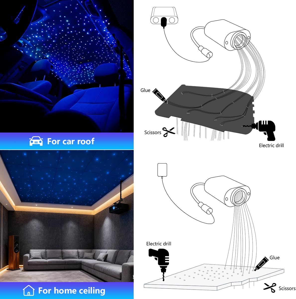 AMKI Mini 6W Starlight Headliner Kit 200pcs 0.03in 6.5ft,Twinkle+Sound Activated Fiber Optic Light 4Lamp Beam Starlight Box APP/Remote Control for Car Home Star Ceiling Decoration