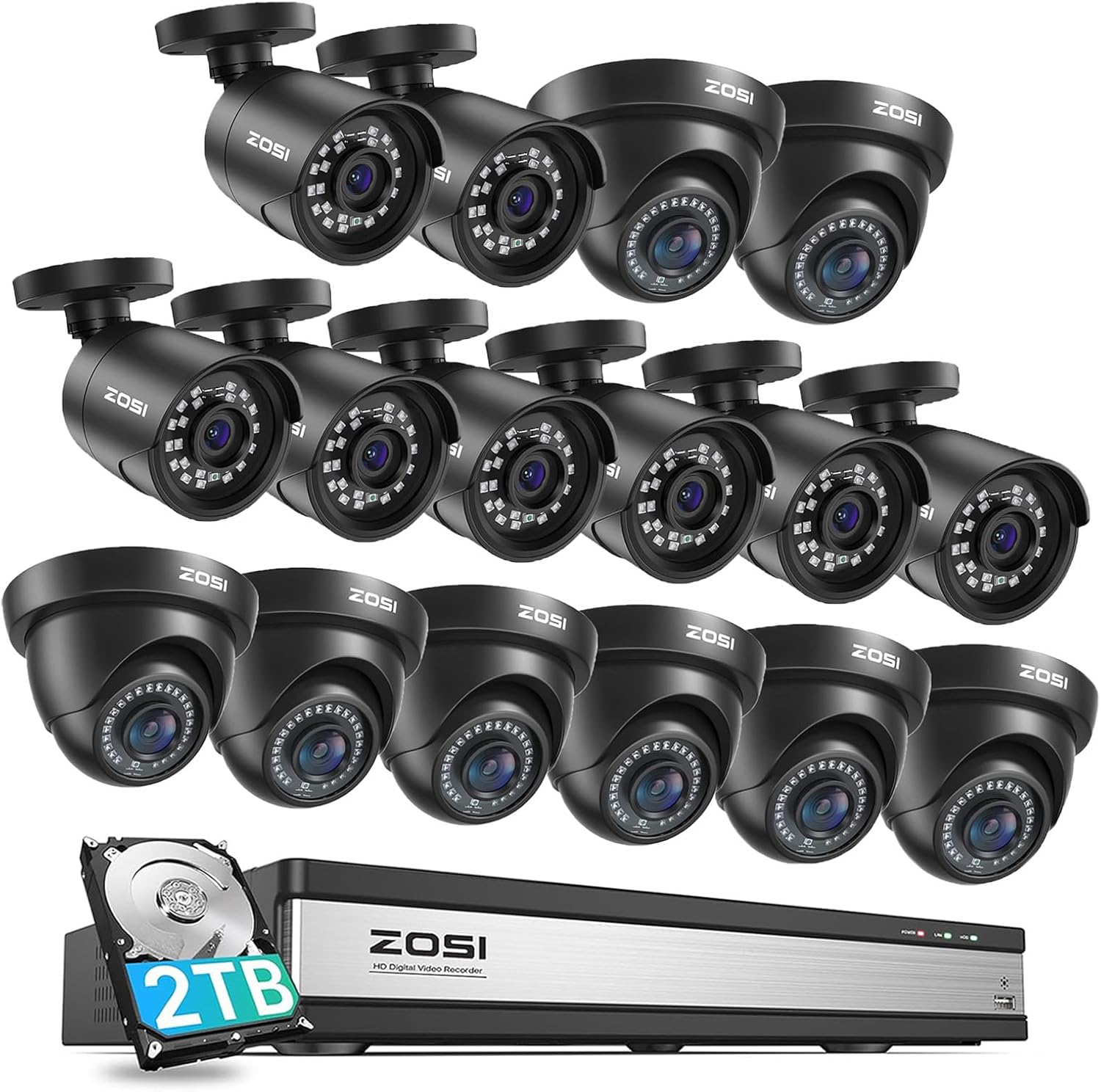 ZOSI 16CH 1080P Security Home Camera System Outdoor Indoor with AI Human Vehicle Detection, H.265+ DVR with 16 x 2MP Weatherproof Bullet Dome Camera, Remote Access, Motion Alert Push, 2TB HDD