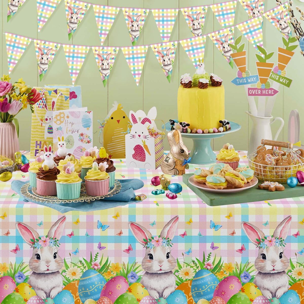 4PCS Easter Party Pack Bunny Tablecloth Spring Flowers Rabbit Party Decor Buffalo Plaid Checkered Banner Table Covers for Spring Easter Eggs Birthday Bachelorette Engagement Theme Picnic Party