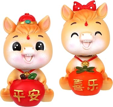 2Pcs Chinese New Year Horse Figurine 2026 Horse Ornament Shaking Head Toy Hor-se Statue for Chinese New Year Car Decoration Holiday Present Home Office Desk Table Decor, PingAnXiLe