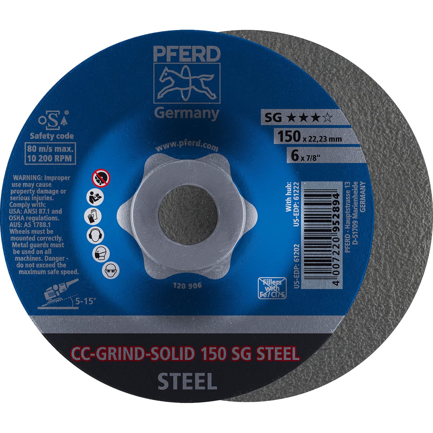 PFERD 6'' CC-Grind -Solid 7/8'' A.H. - SG (61202) (10/Each)