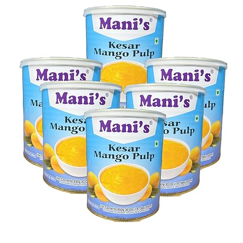 Mani's Kesar - Puré de pulpa de mango, origen indio natural, endulzado con Kesar para una experiencia de mango deliciosamente refrescante, 30 onzas