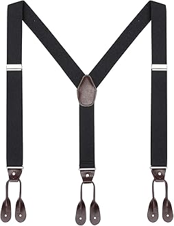 Mens Brown Button End Suspenders - Adjustable Elastic Y Shape Tuxedo Suspender