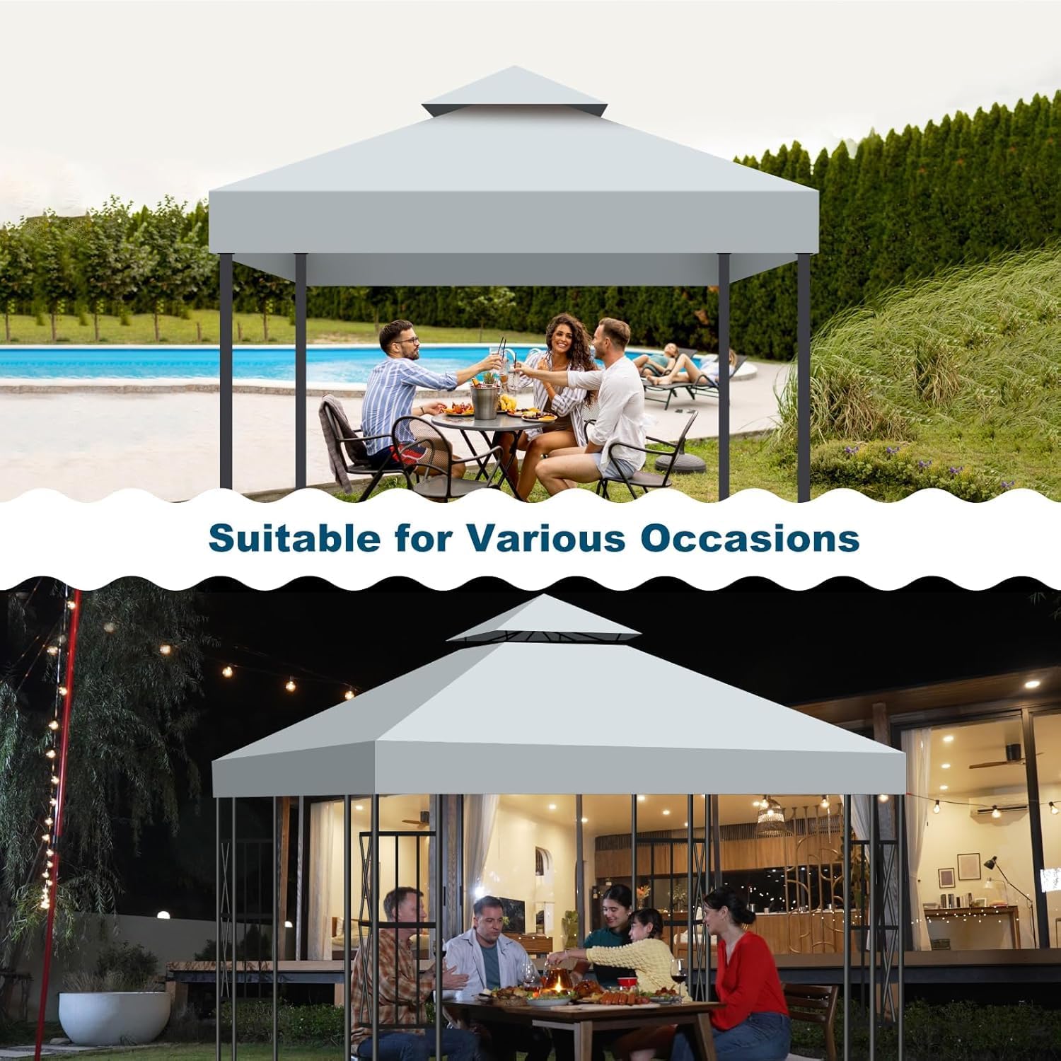 10x10 Canopy Replacement Top Cover Canopy Top Replacement, Double Layer Vented Sunshade Cover – Waterproof & UV Resistant, Fits Standard 10'x10' Outdoor Gazebo Frame for Patio, Garden, Backyard (Grey)