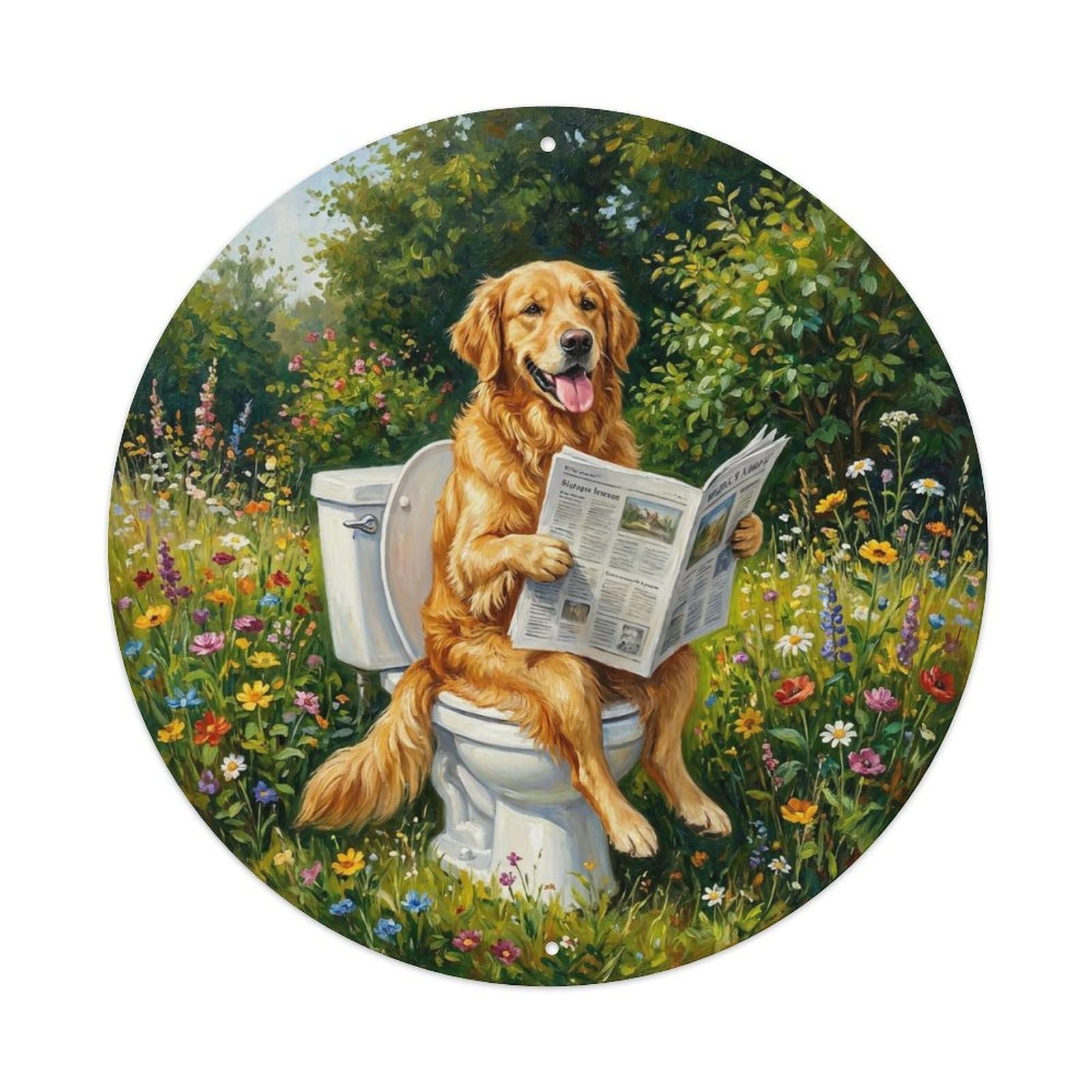 Dog On Toilet Humorous Bathroom Sunny Garden Reads 1 Metal Tin Sign
