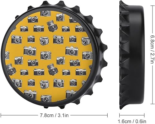 Miniatura 6 de Abrebotellas magnético de cerveza, cámara vintage, impresión amarilla, portátil, con una sola mano, pequeño abrebotellas magnético para nevera con