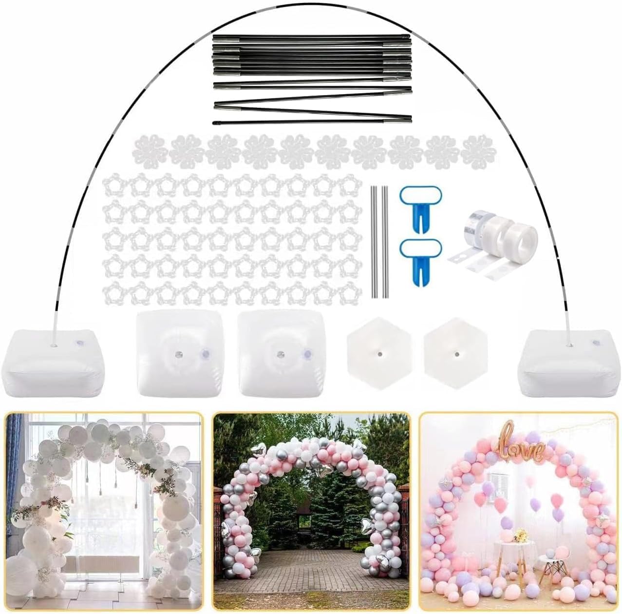 MUAEEOK Balloon Arch Kit, 10ft Wide Adjustable Balloon Arch Stand with Water Fillable Base, 60pcs Balloon Clip, Balloon Strip, Tie Tool, for Wedding Birthday Party Supplies Decoration