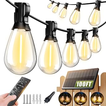 Tenmiro 100FT Solar String Lights Outdoor Waterproof with Remote,Shatterproof S11 35+2 Led Bulbs & Dimmable, 3 Light Modes, Solar Powered Patio Lights for Backyard, Garden, Porch