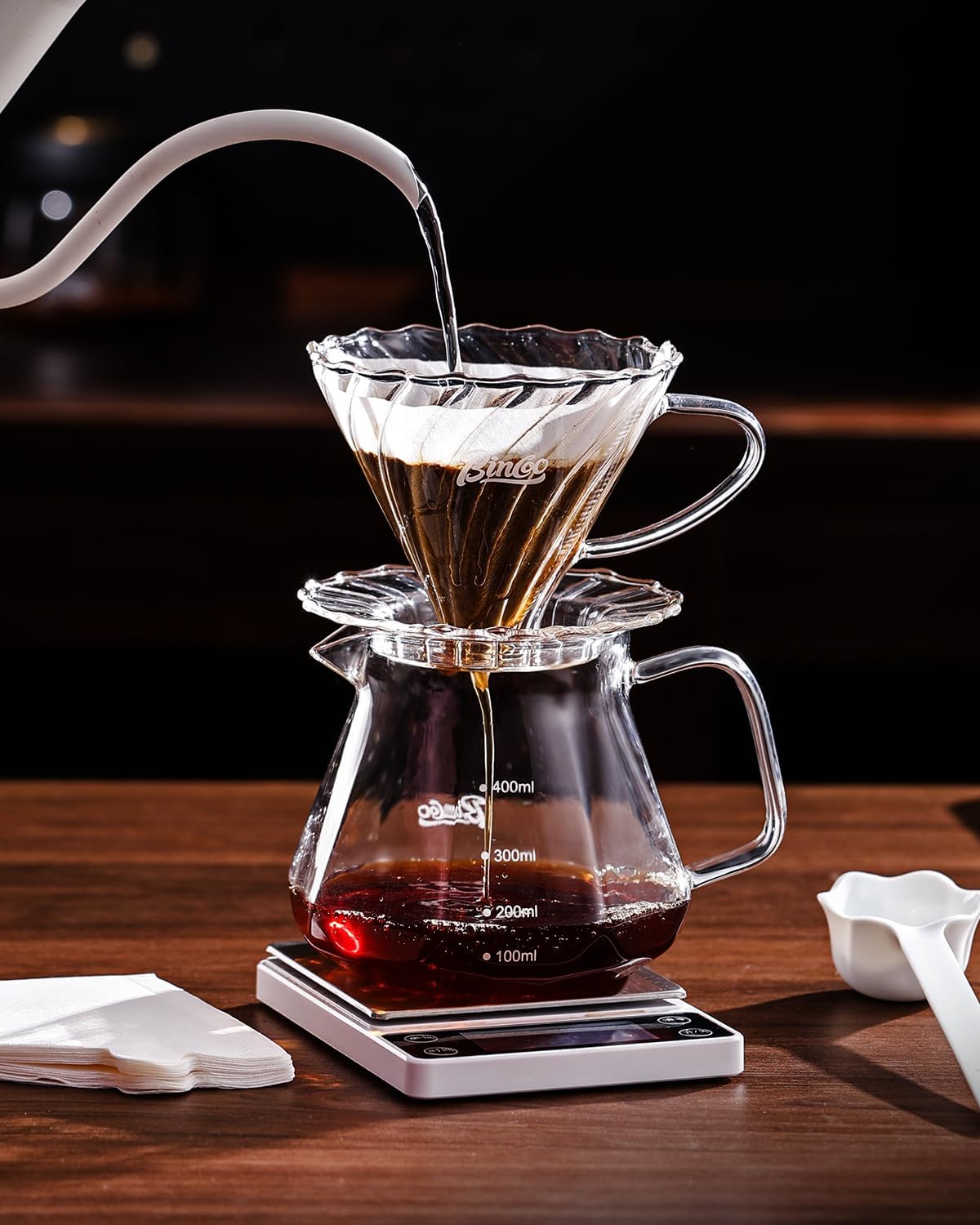 Bincoo Glass Pour Over Coffee Maker - Plastic Free Borosilicate Dripper & Diamond Carafe Set, 50 Filters, Smoky Gray & Transparent, 600ml (Smoke Gray)