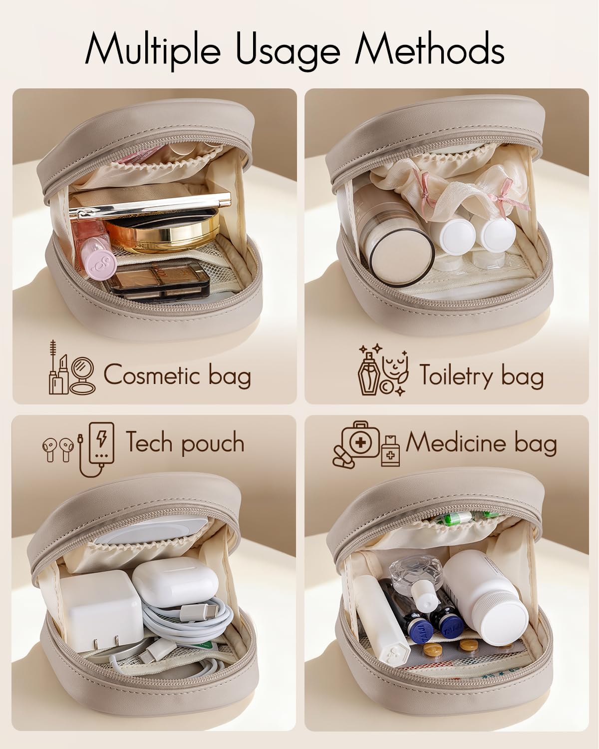 Vlando Small Makeup Bag for Women Girls, Mini Makeup Bag Pouch for Purse, Waterproof Cosmetic Bag with Wide-Opening Zipper, Portable Travel Makeup Bag Toiletry Bag, Travel Essentials, Toffee - 4