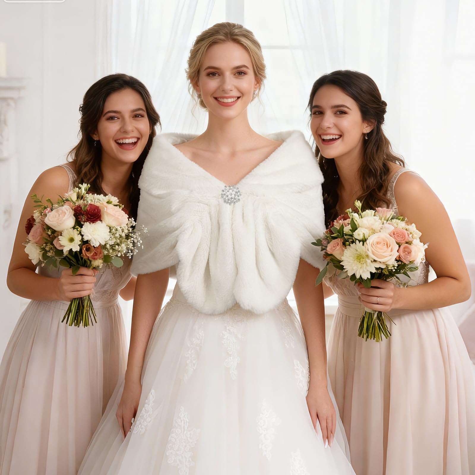 Kunstfell-Stola für Frauen,Elegante Brautstola mit Brosche für Hochzeit, Abendkleid & Party, Flauschige weiße Abendcape für Braut, Brautjungfern & Cheongsam (Einheitsgröße)
