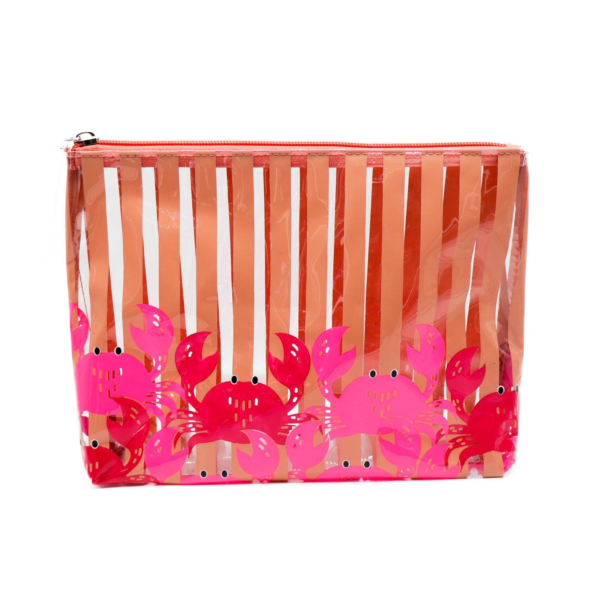 Ponette Neceser de Mujer Grande Transparente Impermeable de Rayas Coral con Cangrejos Fucsias y Rojos, Ideal Playa, Piscina, Viaje, Impermeable, Marca Española