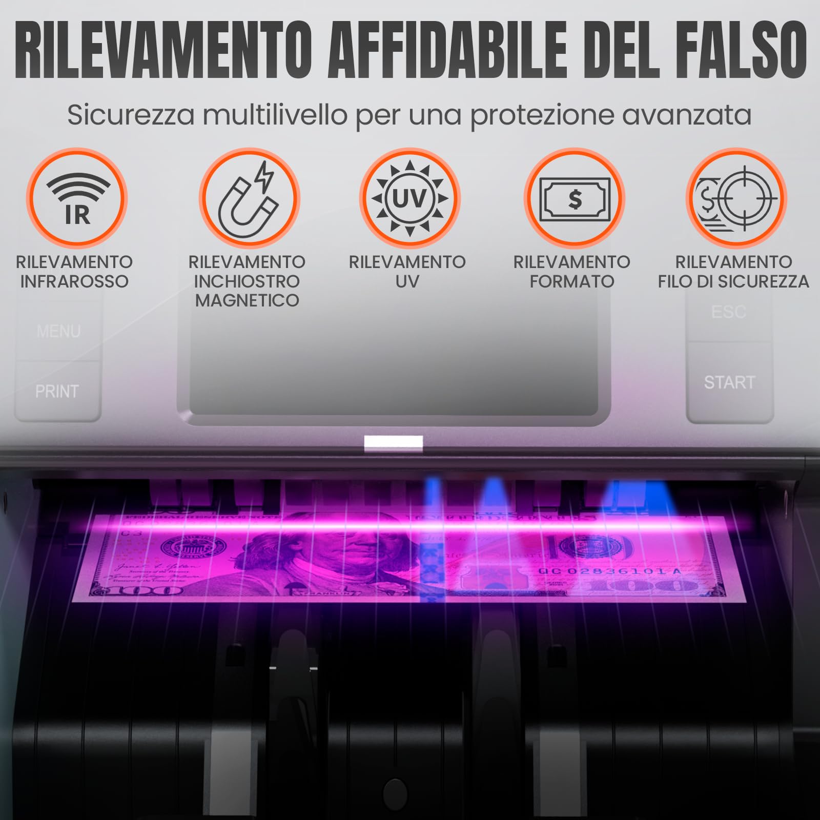 MV-400 contabanconote 1CIS con touchscreen | sicuro, preciso, veloce | rileva soldi falsi | conteggio misto, rilevamento banconote false testato BCE, 10 valute