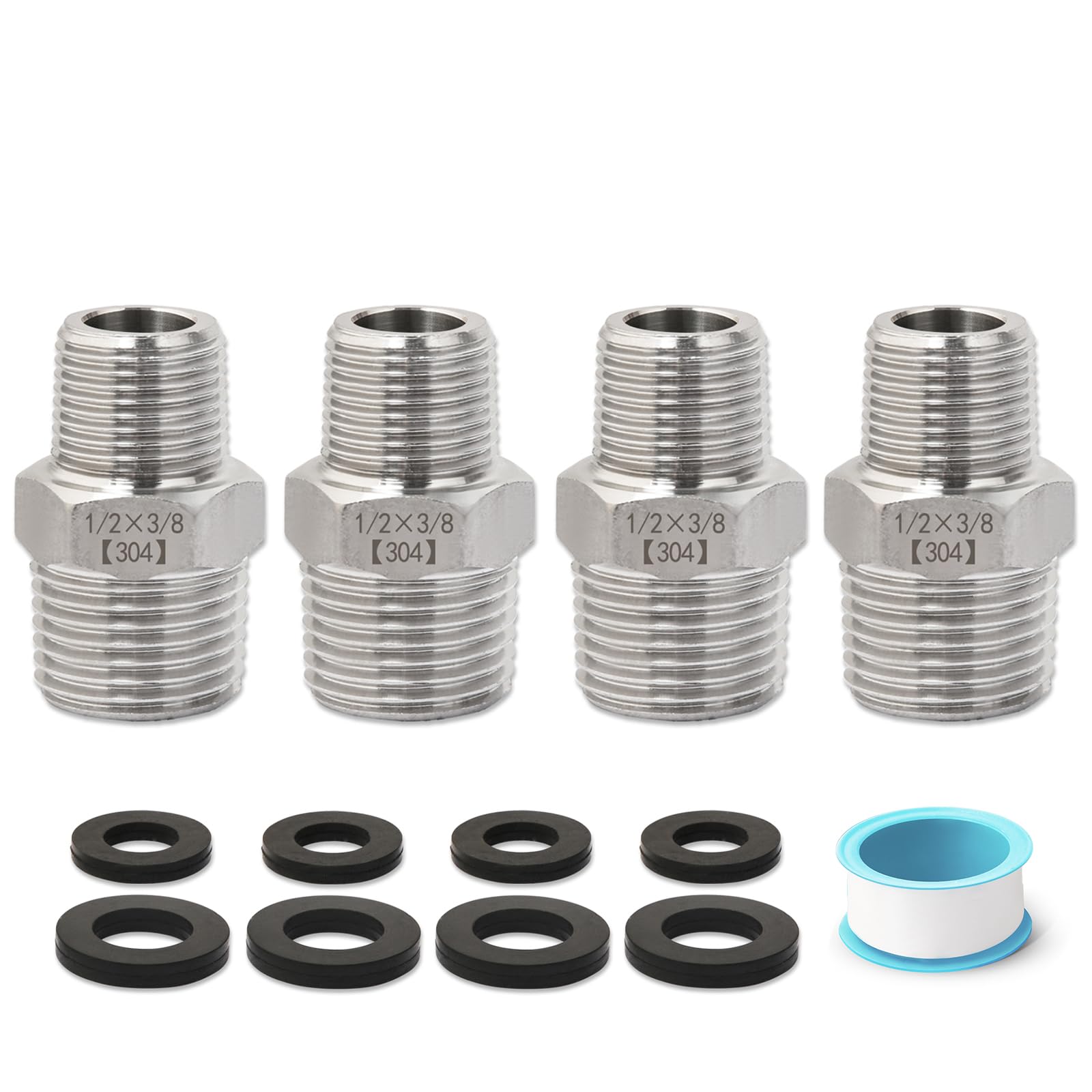 Boquilla hexagonal reductora NPT macho de 1/2 pulgada a macho NPT de 3/8 pulgadas, adaptador de acero inoxidable 304 de 1/2 a 3/8, reductor de 1/2 a 3/8, con cinta de sellado, juntas de goma,