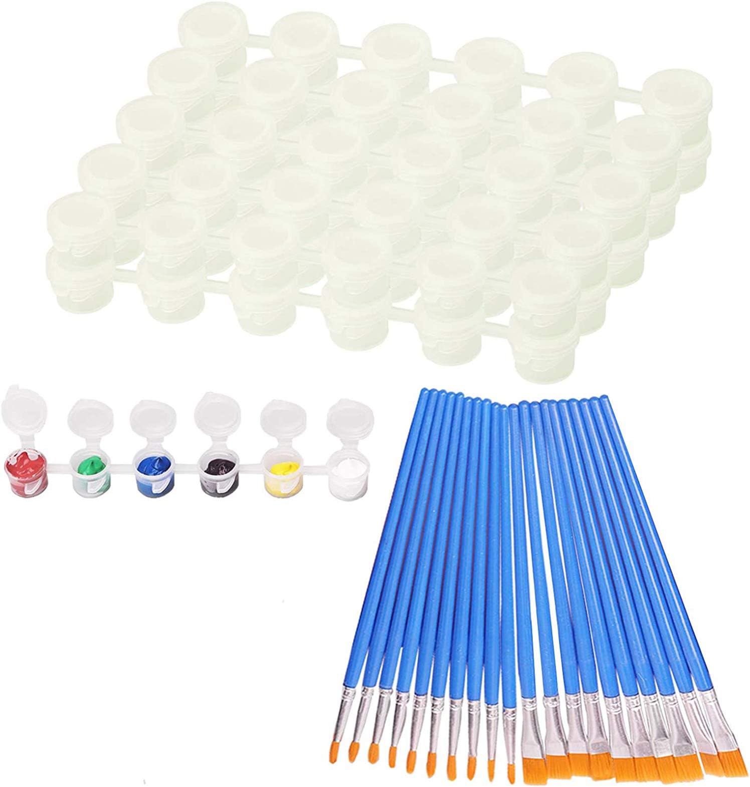 DELFINO 10 Strips 60 Pots Empty Paint Pots Strips with Lid Mini Storage Container, 20Pcs Paint Brushes Paint Art Craft Supplies for Classroom School(3ml/0.1oz) (3ML, 10 Strips, and 20 Paint Brushes)