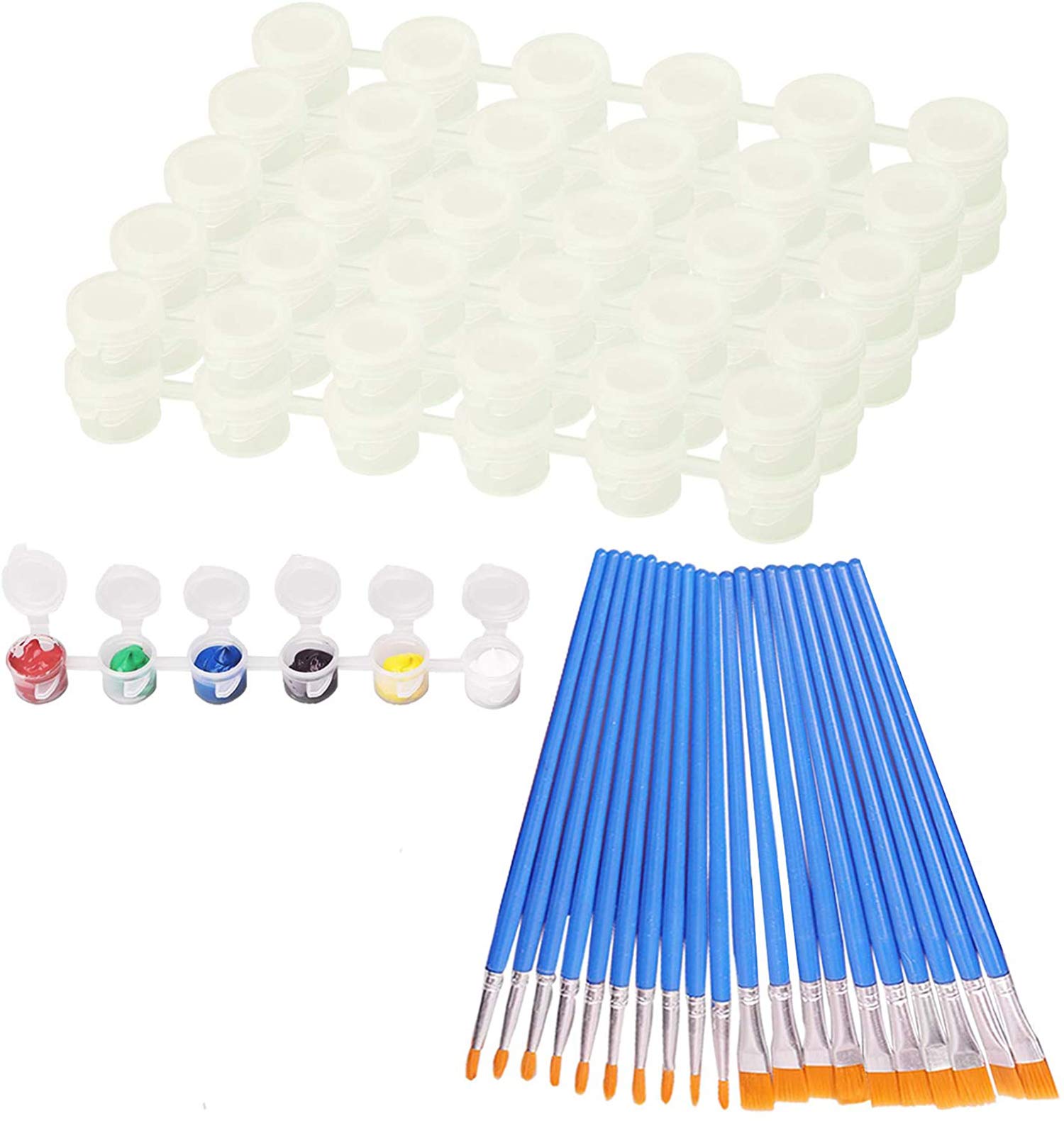 DELFINO 10 Strips 60 Pots Empty Paint Pots Strips with Lid Mini Storage Container, 20Pcs Paint Brushes Paint Art Craft Supplies for Classroom School(3ml/0.1oz) (3ML, 10 Strips, and 20 Paint Brushes)