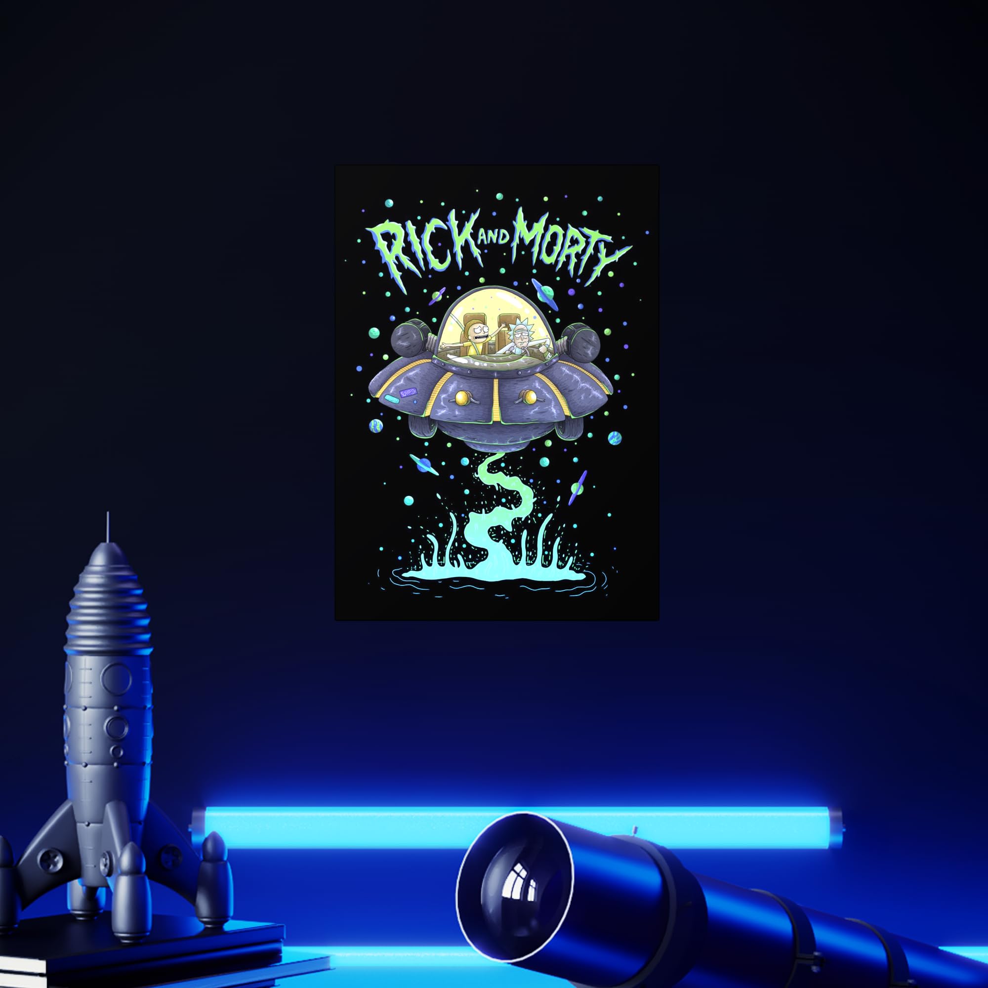 Displate - Poster in metallo - Montaggio facile senza foratura - Rick and Morty - Psychedelic Monsters - Spaceship - Größe M - 32 x 45 cm Matt