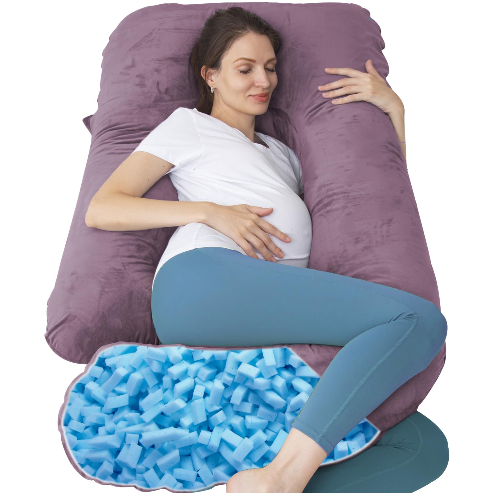 Almohada de maternidad de espuma viscoelástica triturada para dormir, almohada de maternidad para mujeres embarazadas, soporte abdominal, cuerpo entero en forma de U (espuma viscoelástica,