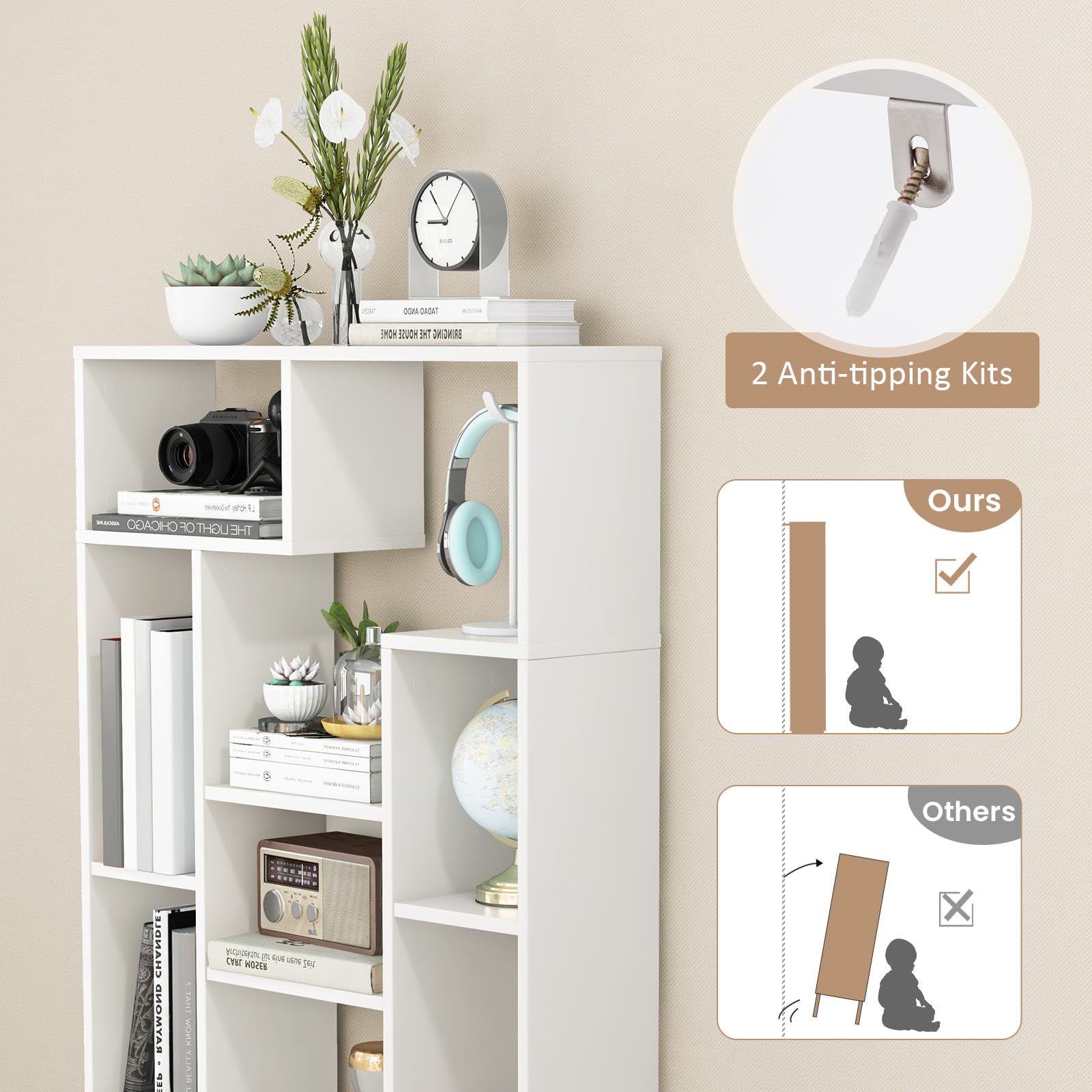 HOMASIS Bibliothèque Géométrique en Bois à 9 Compartiments,Cube avec Étagère Ouvertes,Étagère avec Protection Anti-Basculement, Meuble de Rangement pour Salon Bureau,70 x 20 x 120cm (Blanc)