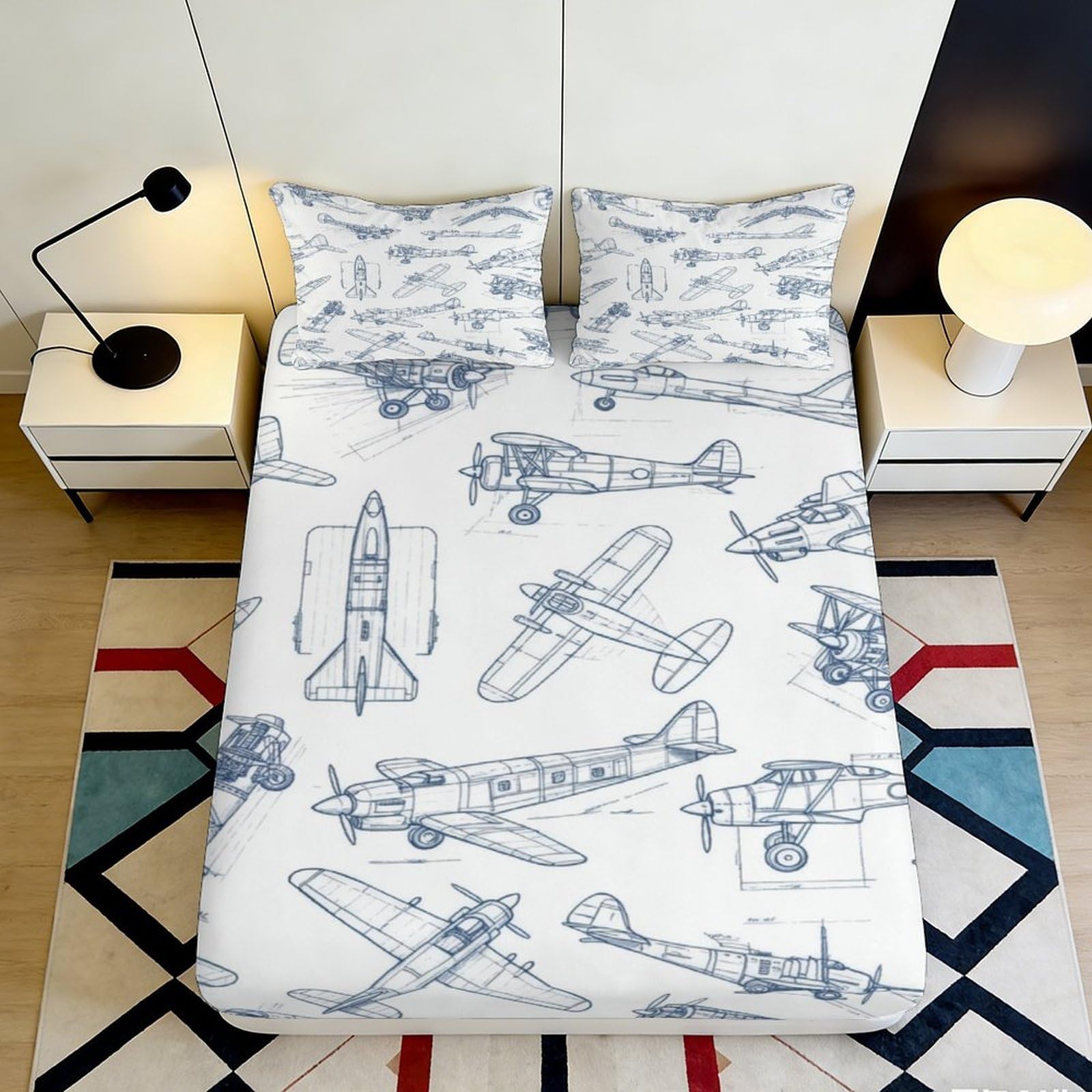 3D Printed Vintage Airplane Fitted Sheet Microfiber Soft Breathable Aircraft Bed Cover for Bedroom Dorm Guest Room Decor 90x200x25cm