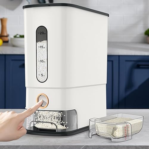 JOJOZOO Dispensador de arroz de 26.5 libras, recipiente grande de almacenamiento de cereales con taza medidora y escala de tiempo, recipiente de