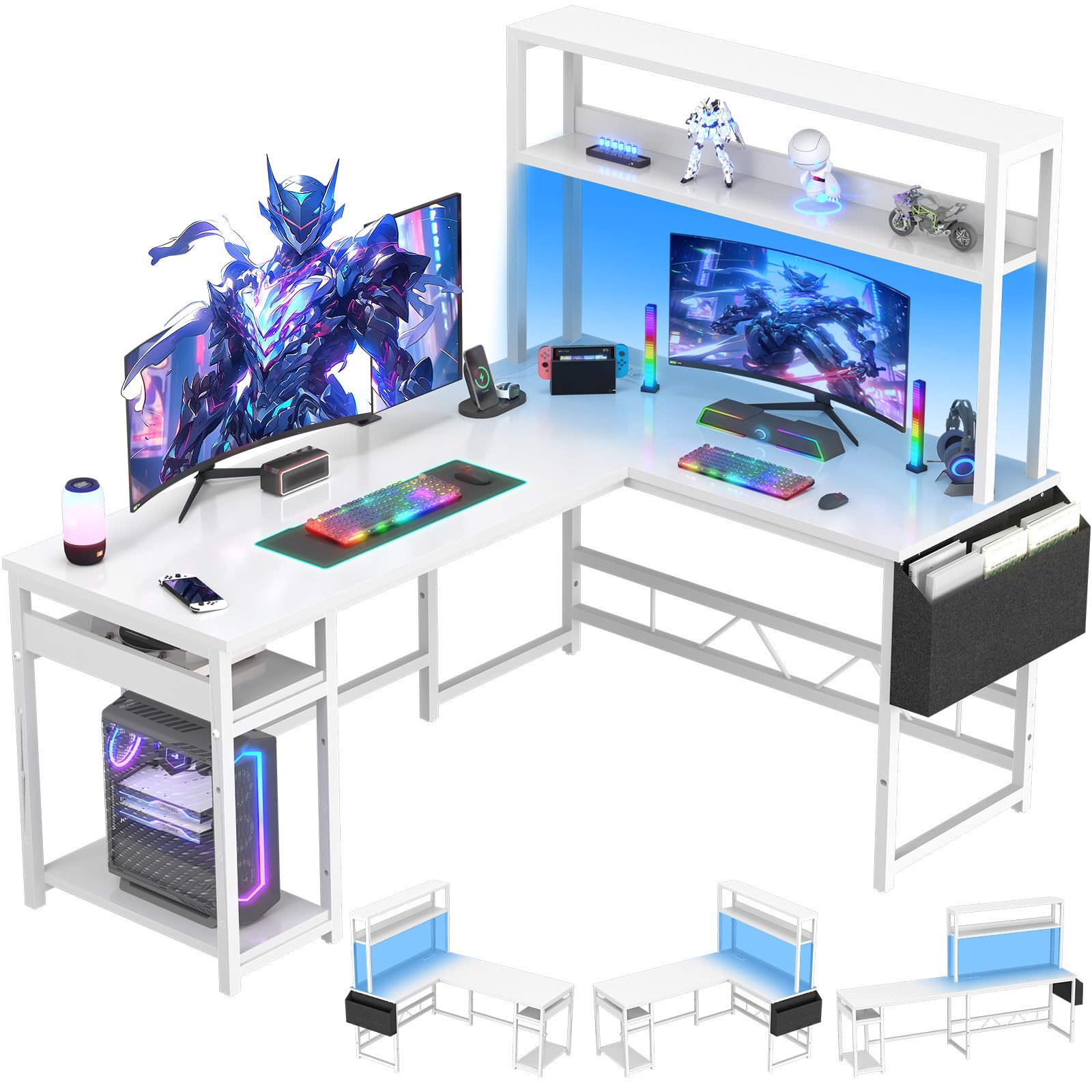Devoko Escritorio de Juego con LED, Escritorio de Esquina Escritorio de Juego con 2 enchufes y 2 Puertos USB, Escritorio de Ordenador con Almacenamiento, Marco de Acero, 160 x 120 cm, Blanco