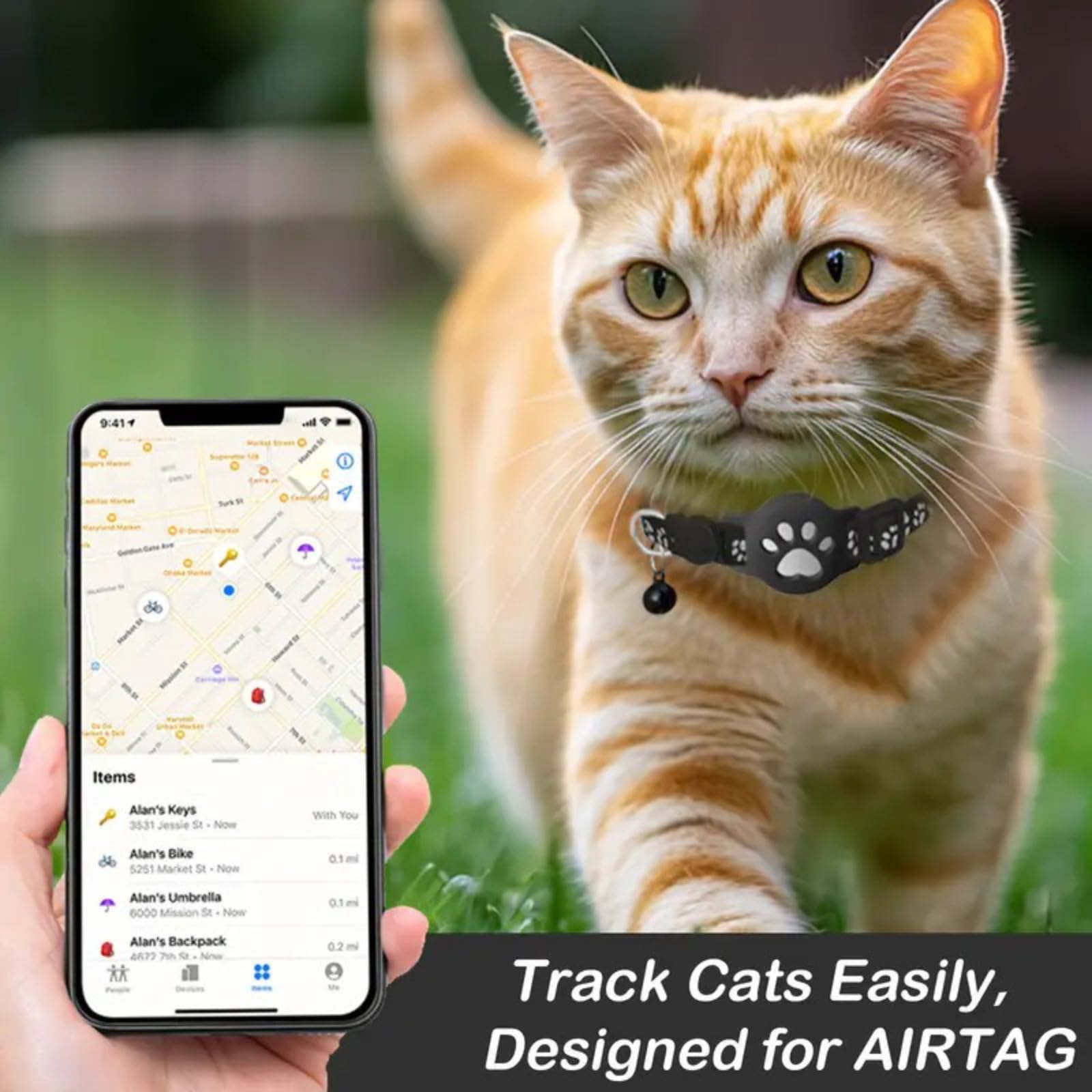 Collare GPS per gatti, GPS per gatti senza canone mensile, nessuna SIM richiesta (compatibile con Android e iOS), collare localizzatore compatibile con goo- gle Find My