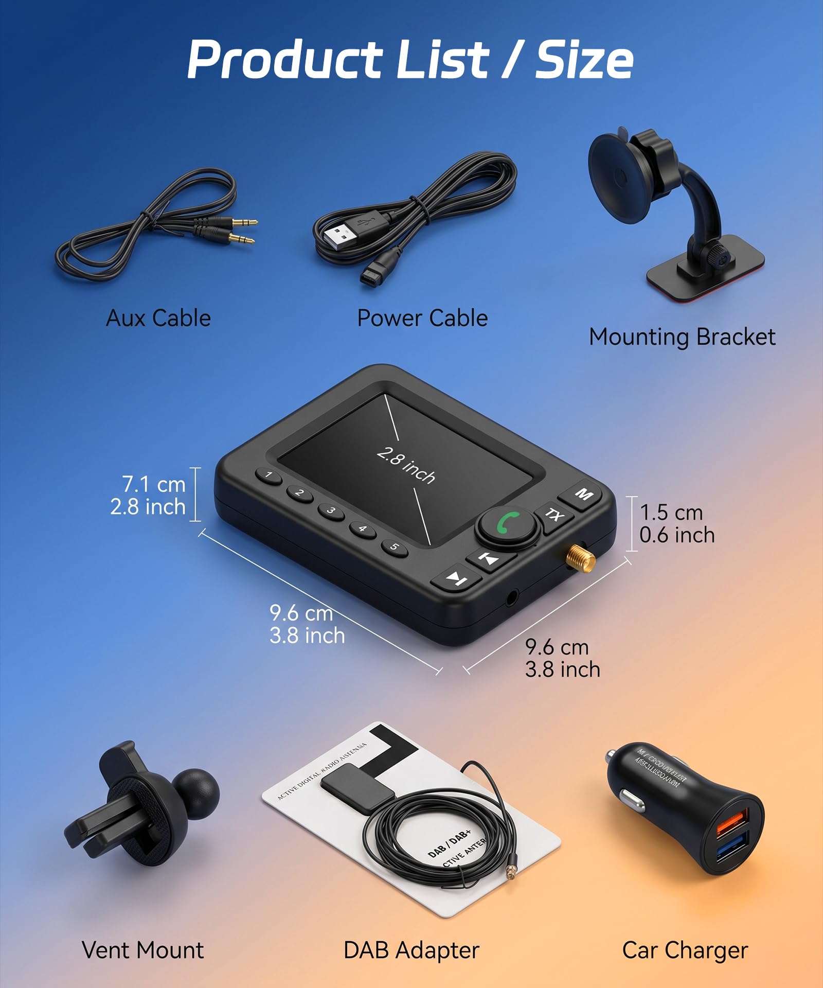 VECHTEL Radio digitale DAB/DAB+ e Bluetooth con schermo da 2,8 pollici, trasmettitore FM, due tipi di supporto, AUX, alimentatore per accendisigari, ideale per viaggi e attività all'aperto