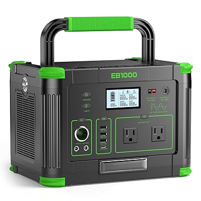 Portable Power Station 1000W (Peak 2000W), 999Wh Solar Generator, 110V Pure Sine Wave AC Outlet with PD 60W USB-C Fast Charging, Outdoor Camping RV Van Home Backup Off-Grid Living