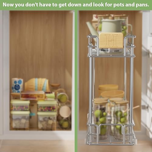 Miniatura 7 de ROOMTEC Organizador de gabinete extraíble con mango de madera, 10 pulgadas de ancho x 21 pulgadas de profundidad, 2 niveles, cajones extraíbles para