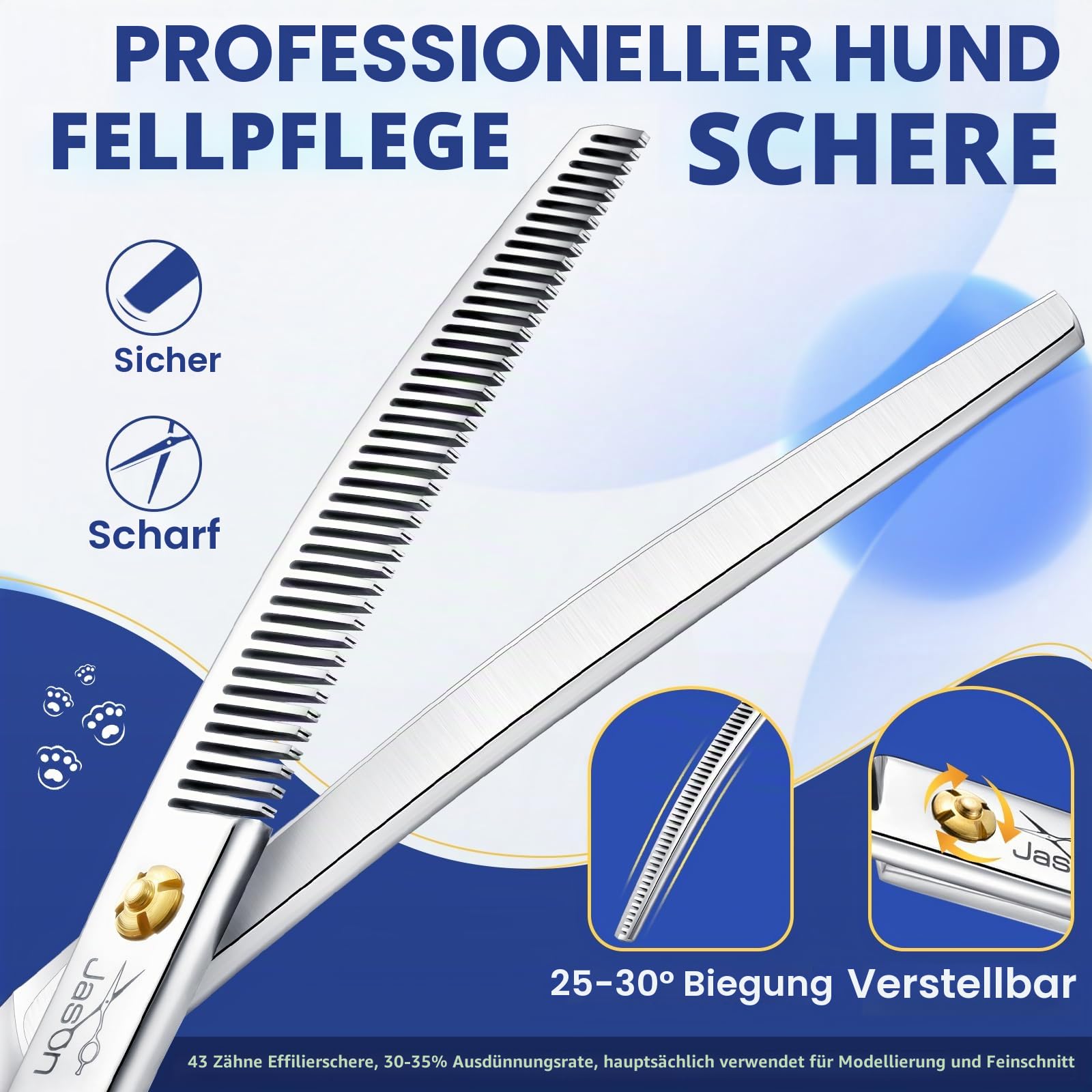 JASON 7.5 Zoll gebogene Effilierschere für Hunde - 43 Zähne professionelle abwärts gebogene Hundeschere aus japanischem 440C-Edelstahl Fellschere mit symmetrischem Griff