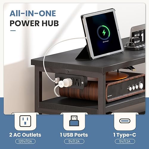 Miniatura 4 de DUMOS Soporte de TV para TV de hasta 45 pulgadas, mesa consola multimedia de TV con parte superior de madera con 6 cajones de tela, 2 estantes,