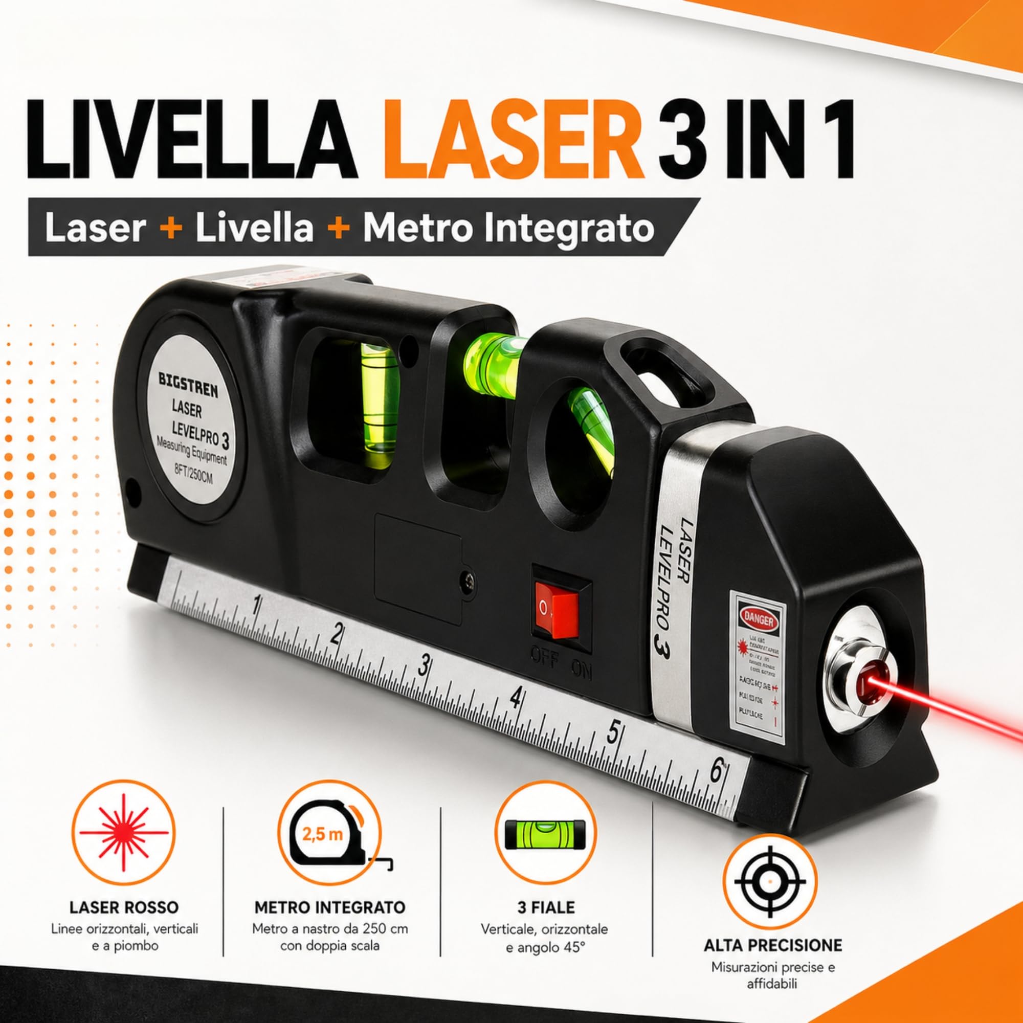 Livella Laser 4in1 con Metro 2,5m – Precisione Assoluta! Laser Rosso Orizzontale/Verticale + 3 Fiale - Perfetta per Montaggio Quadri, Piastrelle e Fai da Te, Strumento Professionale Preciso