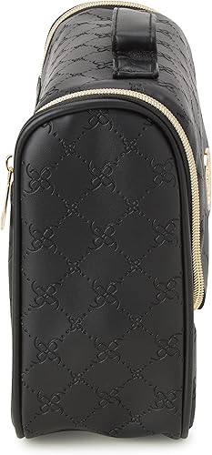 Miniatura 4 de NINE WEST Bolsa de maquillaje negra Organizador de cosméticos Esenciales de viaje Gancho colgante Patrón de celosía de cuero sintético ribete dorado