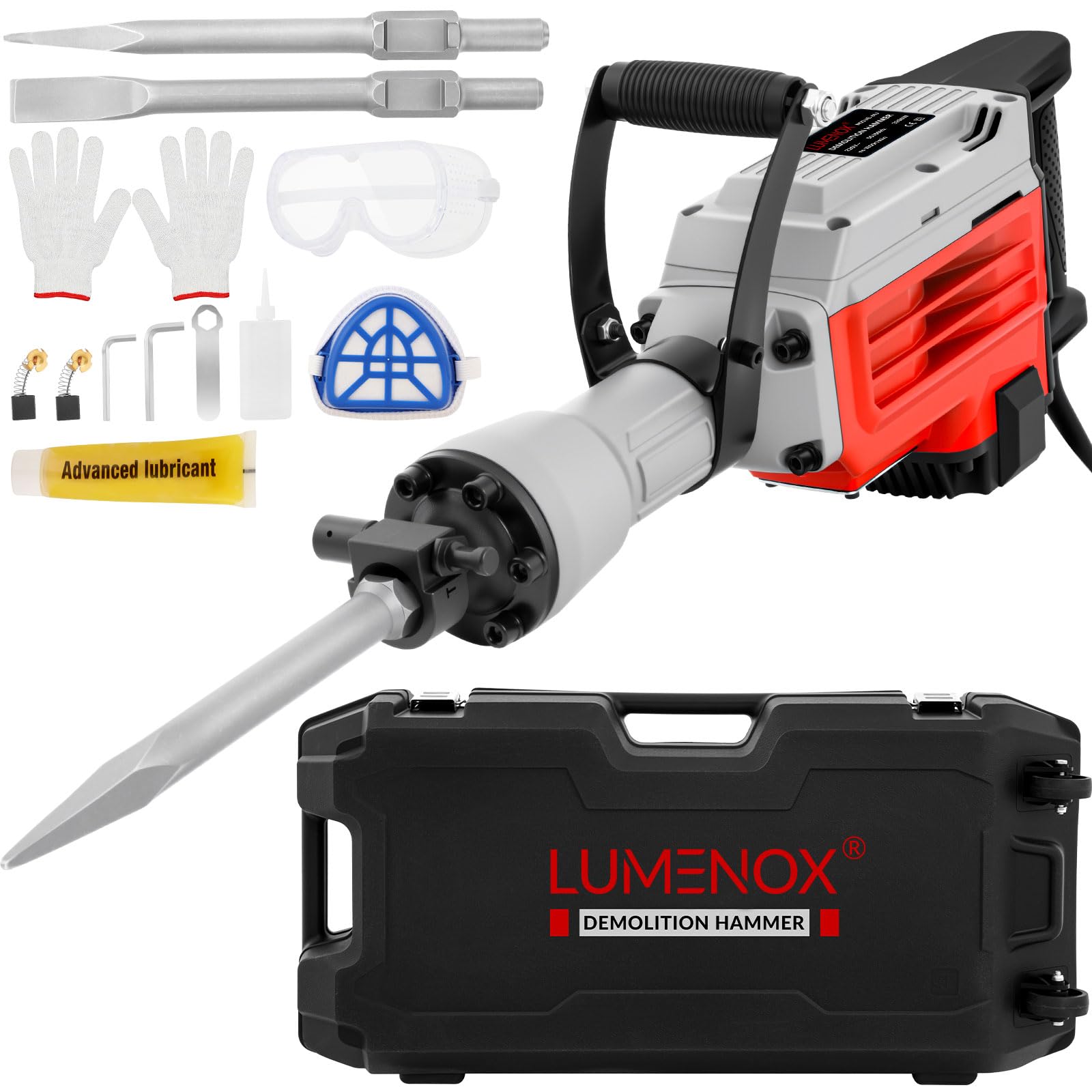 3500W Electric Demolition Hammer, 60J Heavy Duty Concrete Breaker Jackhammer 1800 BPM, 360° Anti-Vibration Handle, Self-Lock Switch, 2 Chisels PPE Kit