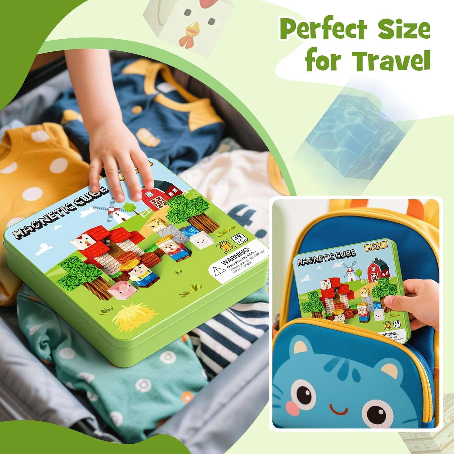 Giocattoli da viaggio a blocchi magnetici, 49 pezzi di blocchi da costruzione magnetici per bambini da 3-8 anni, giocattoli da viaggio per l'apprendimento prescolare STEM (Tema della fattoria)