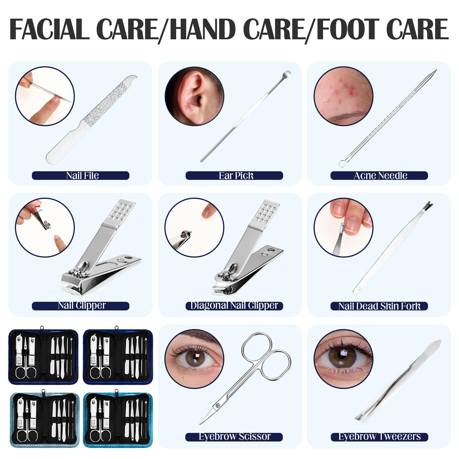 Coume Kit de manucure professionnel 8 en 1 en acier inoxydable avec étui de voyage luxueux - Cadeaux pour hommes, femmes, amis, collègues (série bleue)