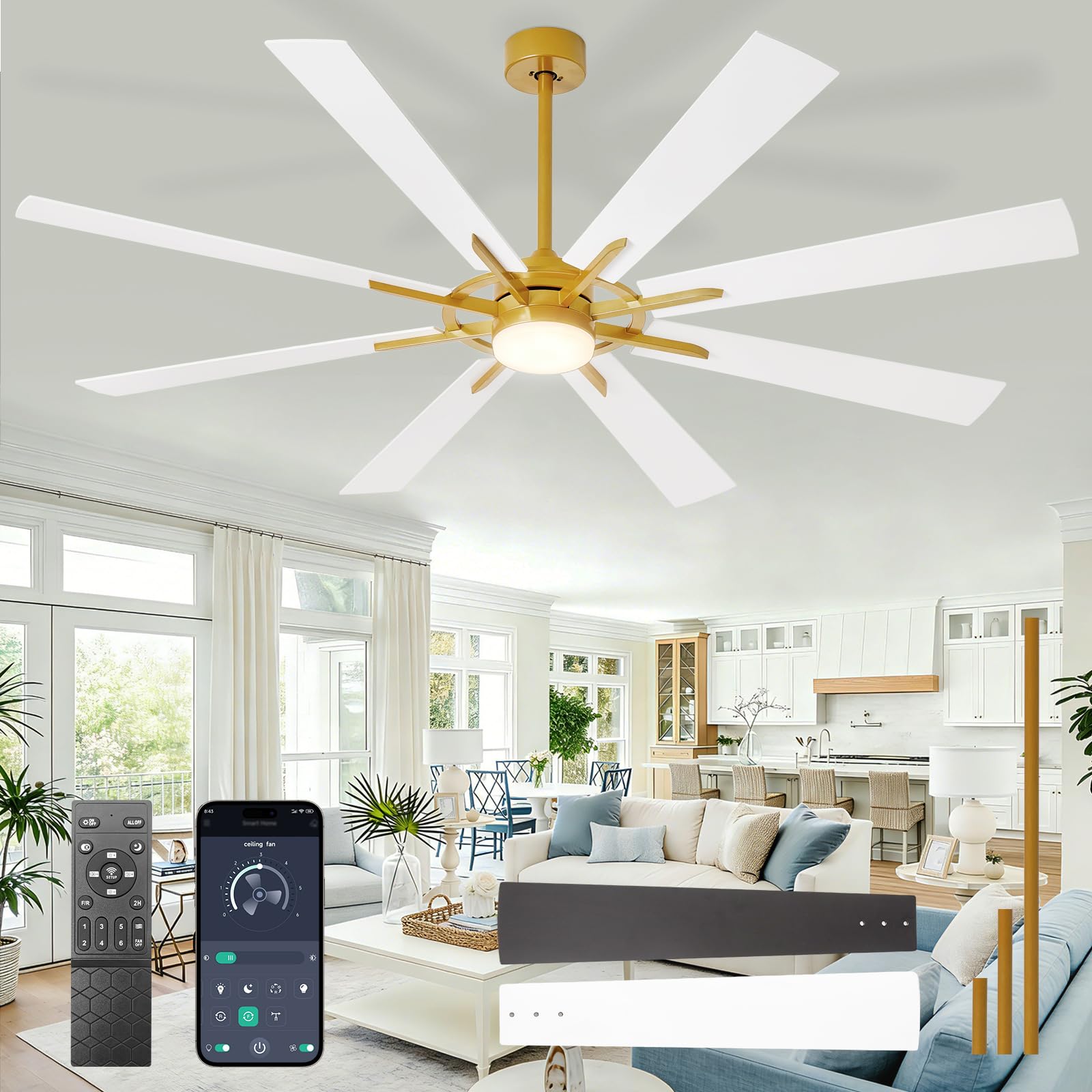 Large Ceiling Fans with Lights Modern 72 Inch 8 Blade Outdoor Ceiling Fan with Remote APP Control -