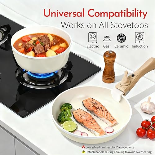 Miniatura 6 de Juego de utensilios de cocina antiadherentes de cerámica de 5 piezas, sin PFASPFOAPTFE, ollas y sartenes no tóxicas con asas desmontables, apto para