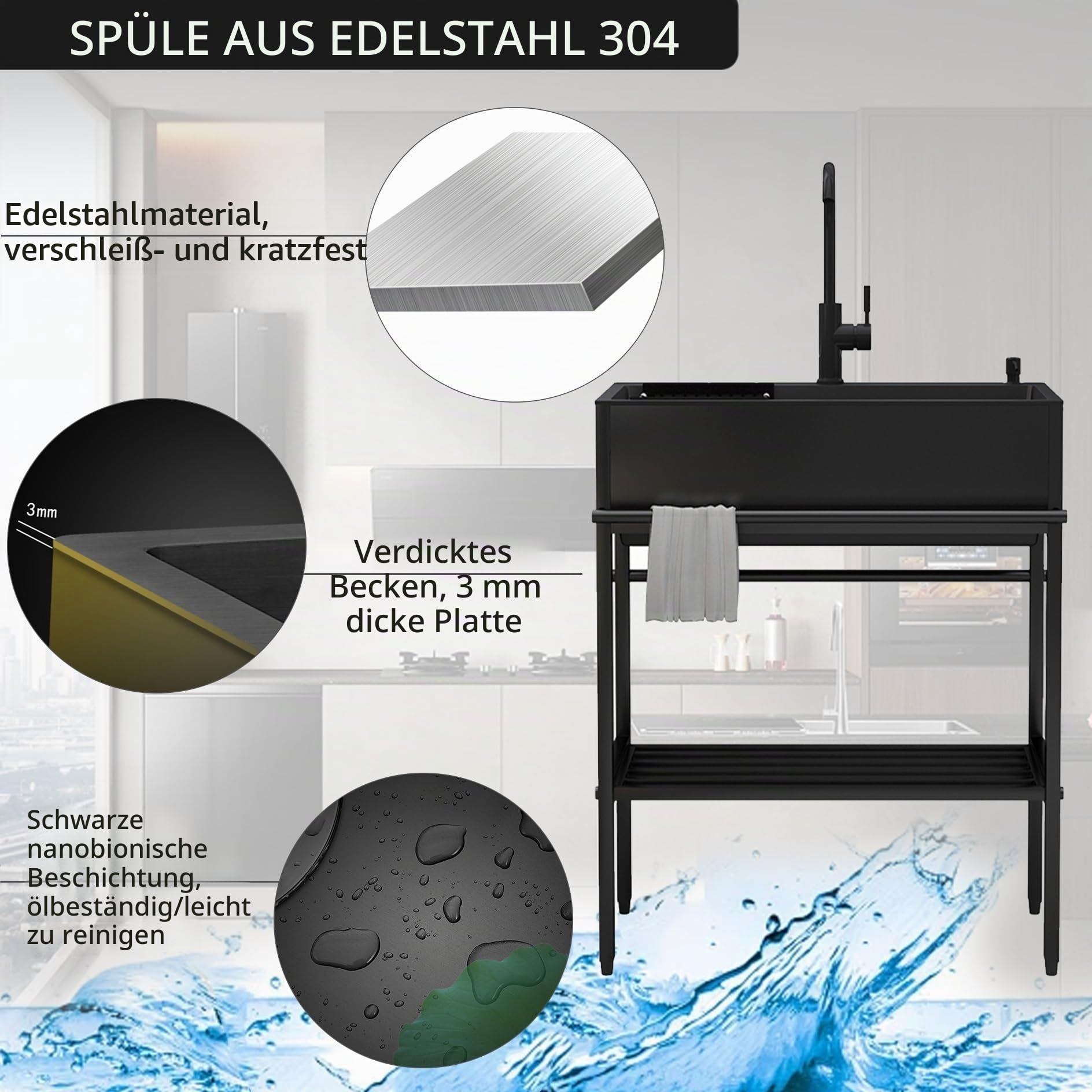 Edelstahl Spültisch,Spülbecken mit Wasserhahn,Outdoor Küche Gewerbliche Mobiles Waschbecken mit Ablagefläche,Freistehend Spüle Gastro 1 Becken küchenspüle mit Unterschrank,für Außen,Innen(60x45x86cm/2
