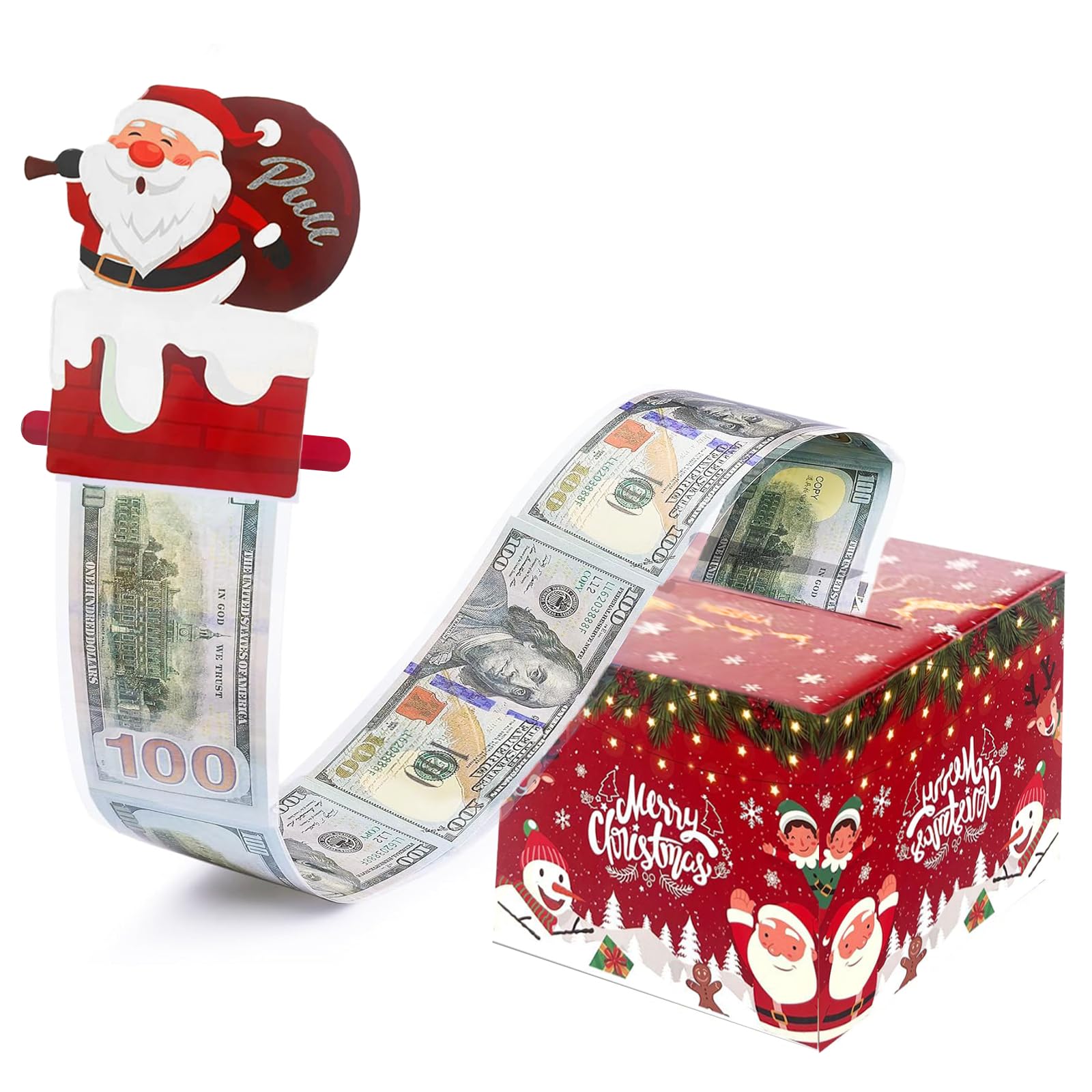Ribsuqa Girls Red Christmas Money Box For Cash Gift, Christmas Pull Surprise Gift Boxes With 30P Transparent Bags, Money Pull Box For Kids/Adult Presents Xmas Party