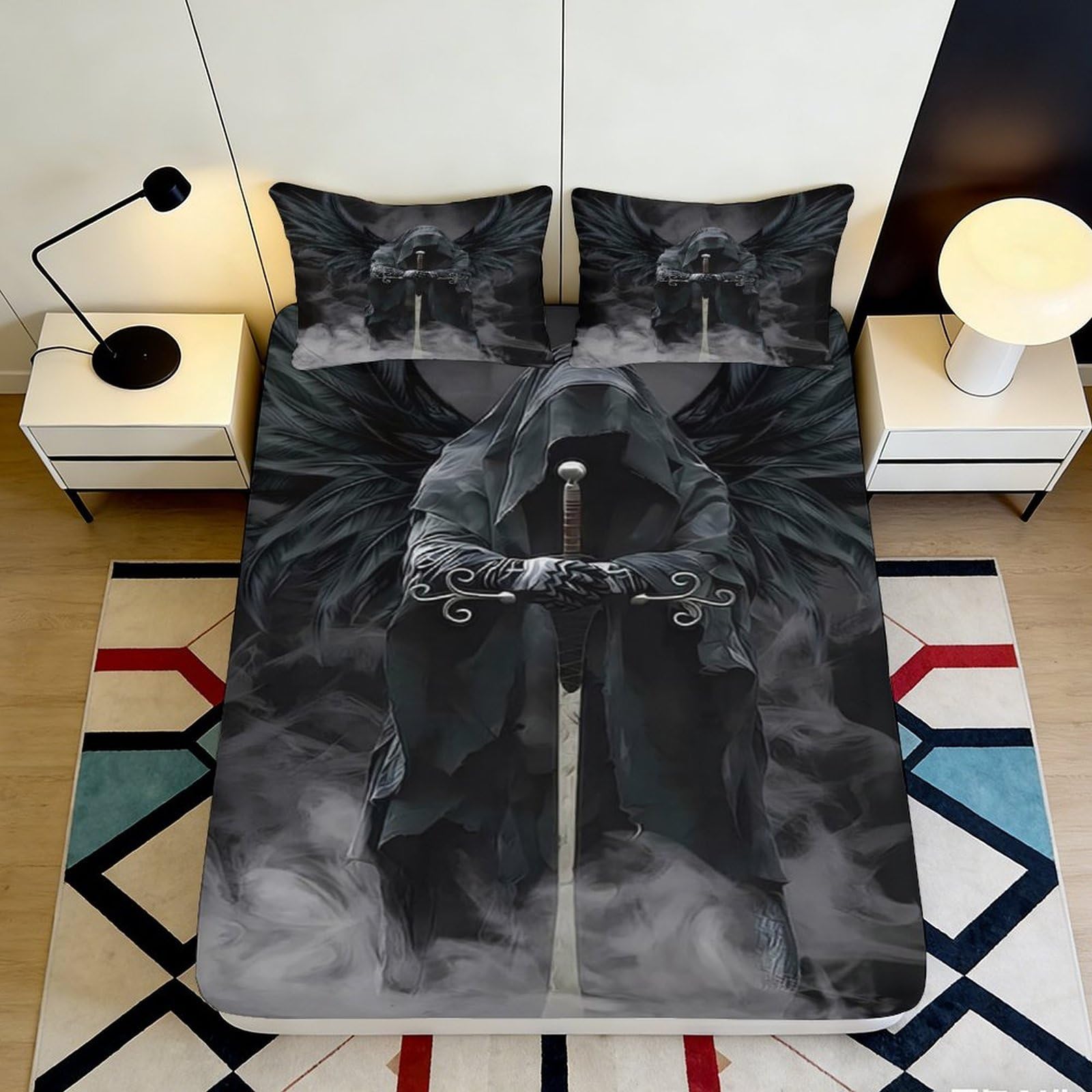 3D Printed Dark Grim Reaper Fitted Sheet Microfiber Soft Breathable Gothic Skull Mattress Cover Bedroom Decor 90x200x25cm