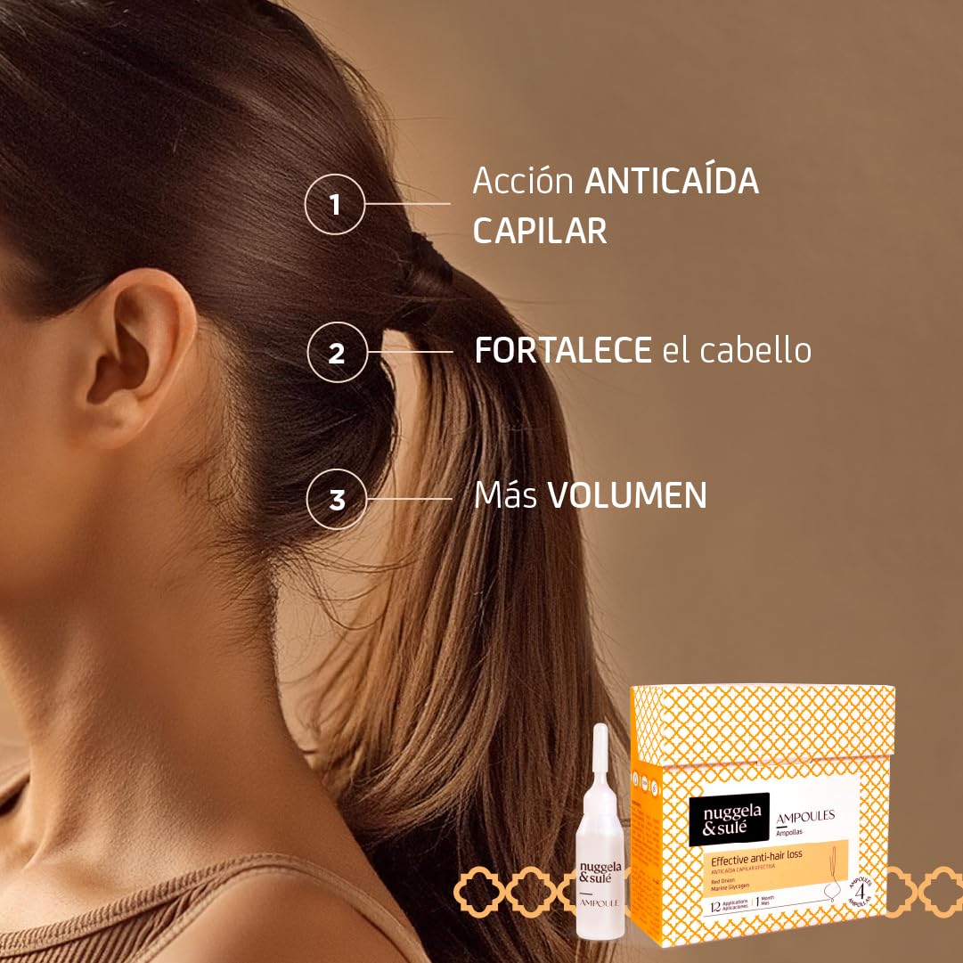 Nuggela & Sulé Ampollas Anti-Caída Efectiva. Con Extracto de Cebolla Roja. Fortalece y Frena la caída del cabello. Efecto Rápido. Tratamiento. 4 x 10 ml