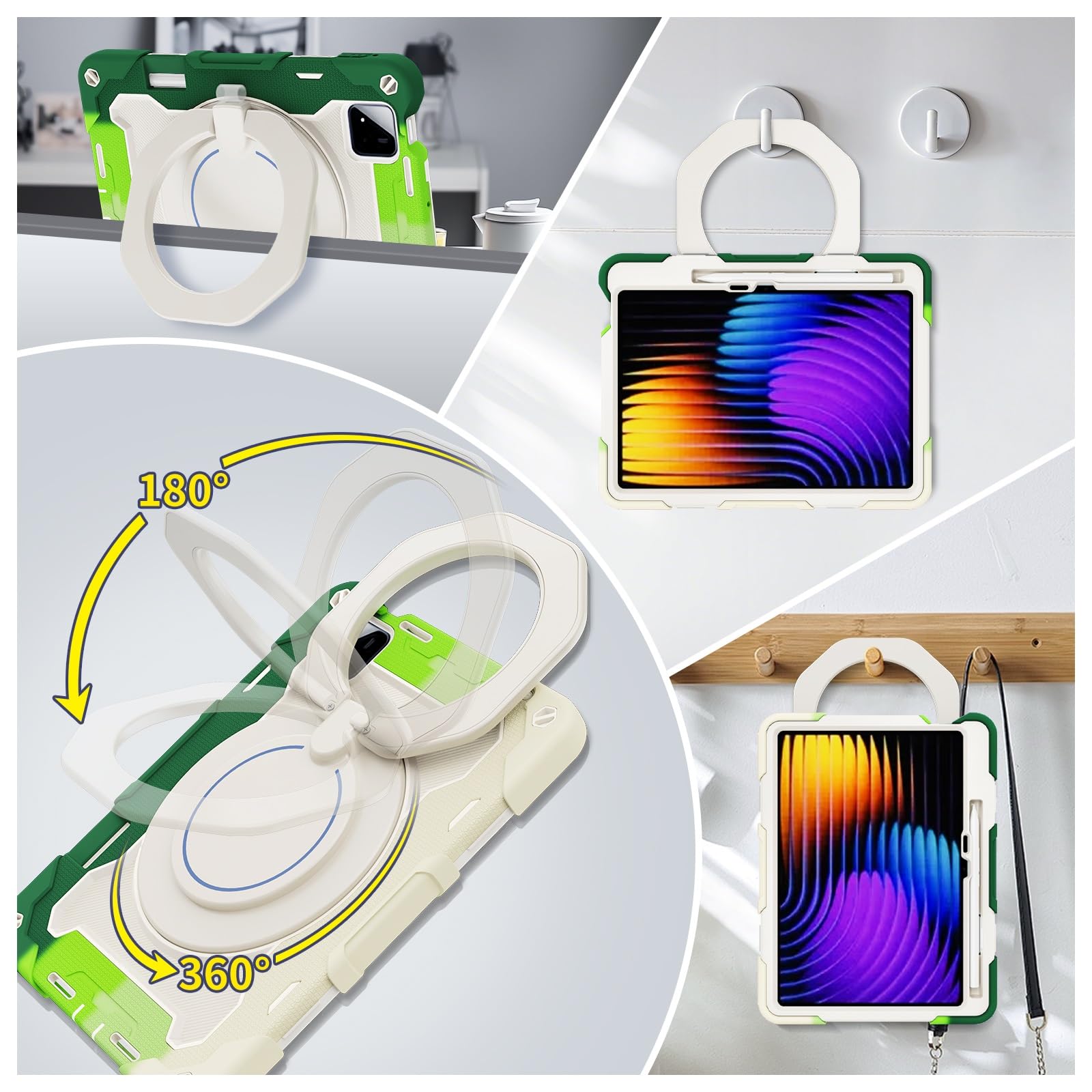 Funda protectora resistente para Xiaomi Pad 7/7 Pro de 11.2 pulgadas 2024, soporte giratorio de 360°, correa para el hombro, soporte para lápices y anillo de asa, funda a prueba de golpes